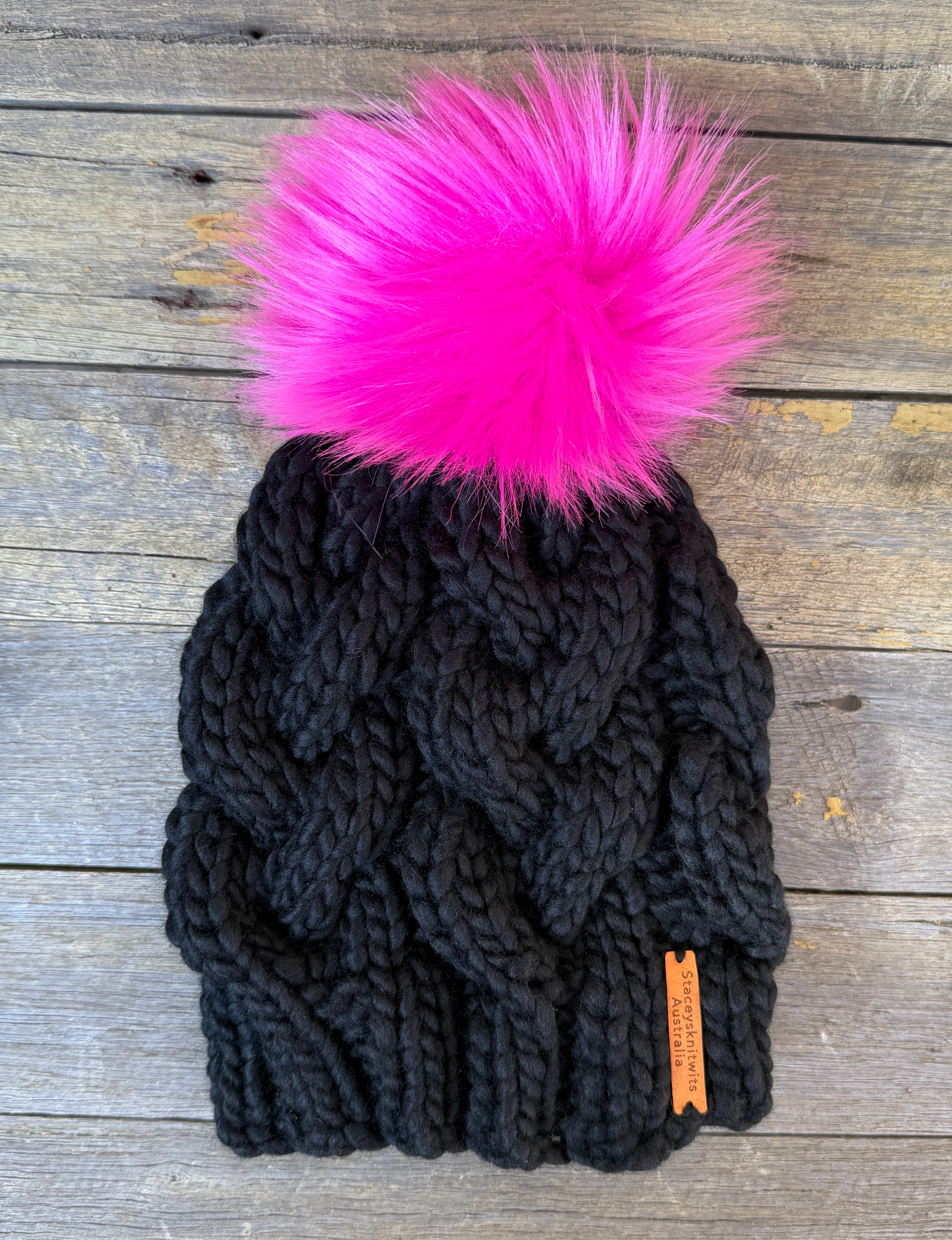 Hand knitted black merino beanie, chunky winter PomPom beanie
