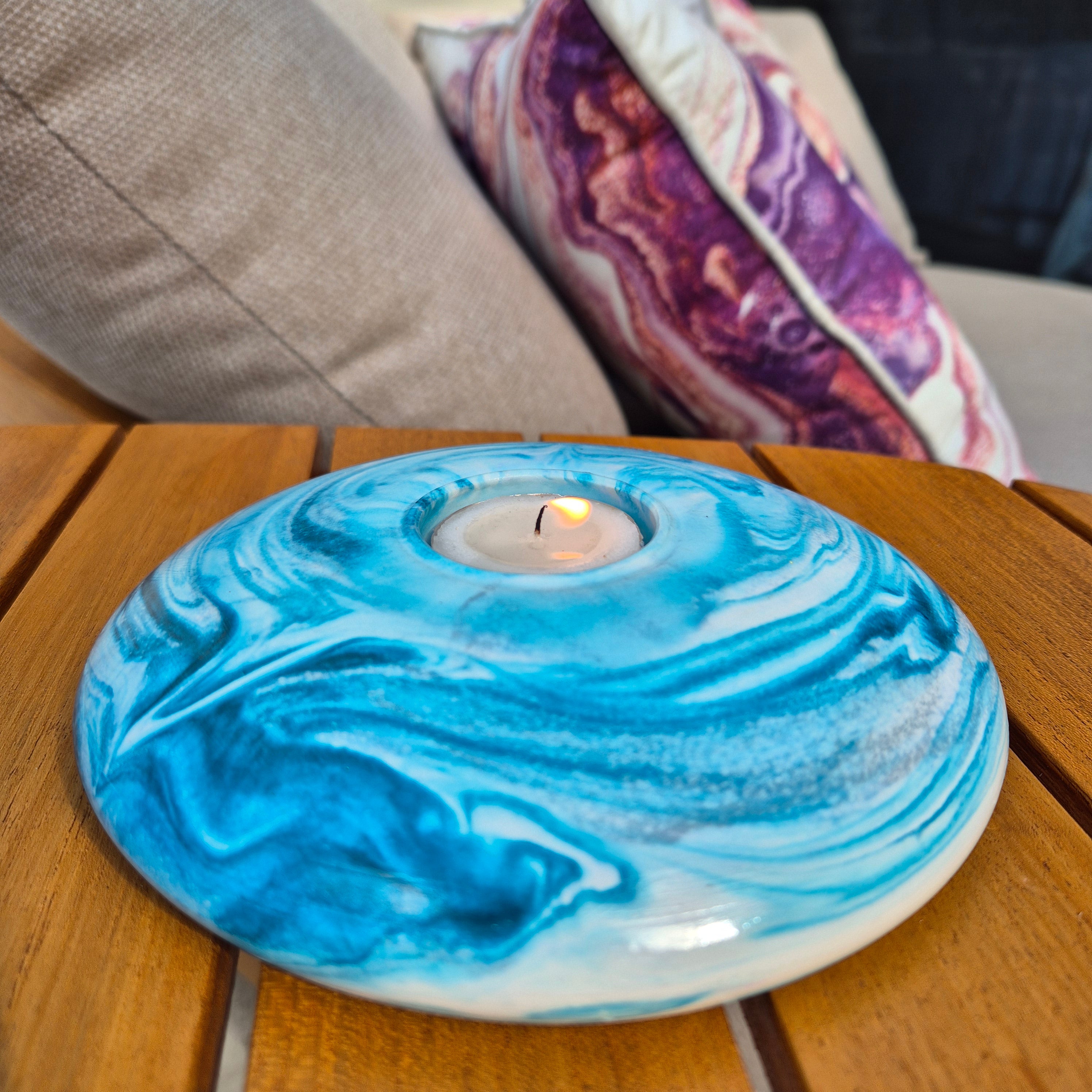Large round concrete tealight candle holder in teal