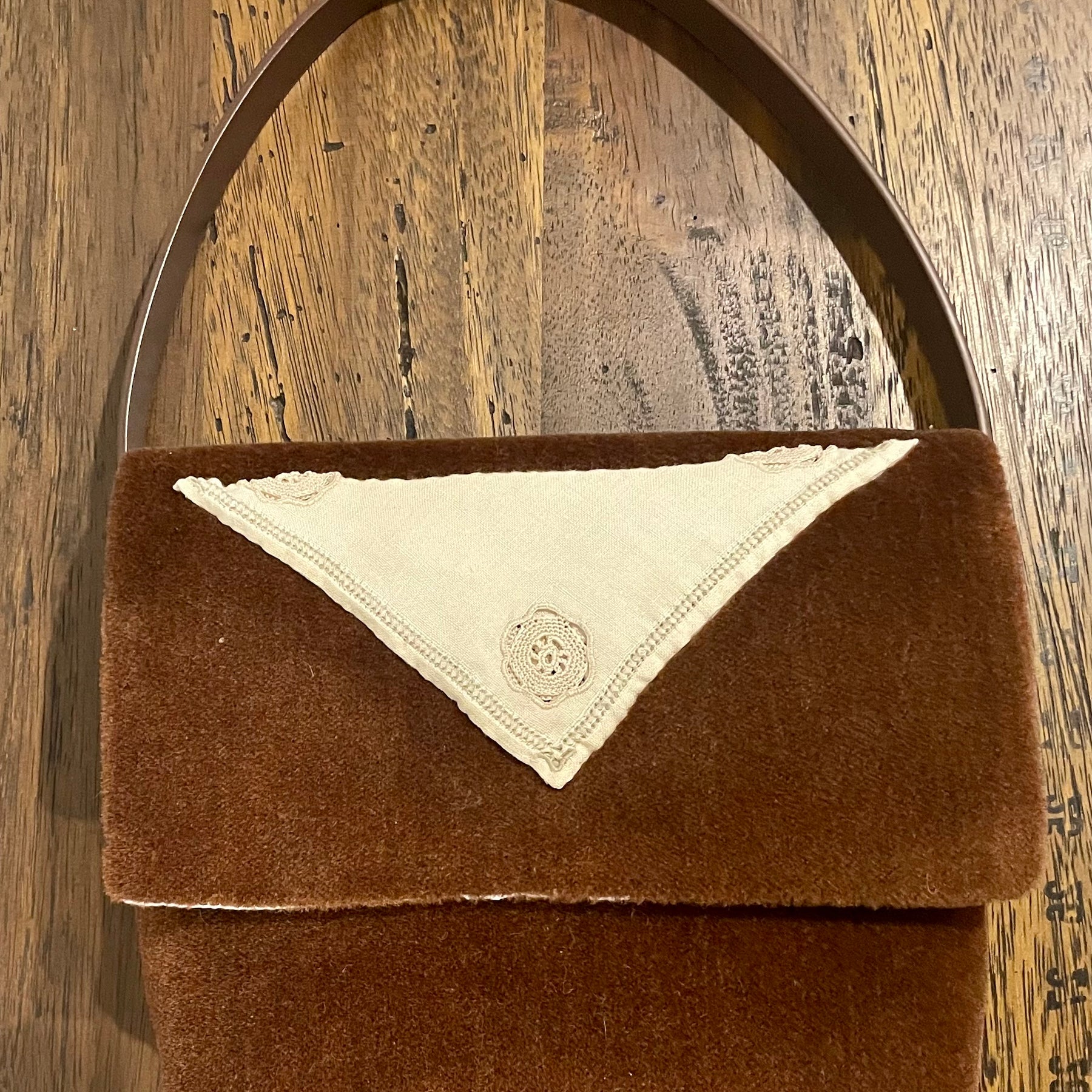 Brown Velvet Handbag — Embroidered Doily, One-of-a-Kind Upcycled Design