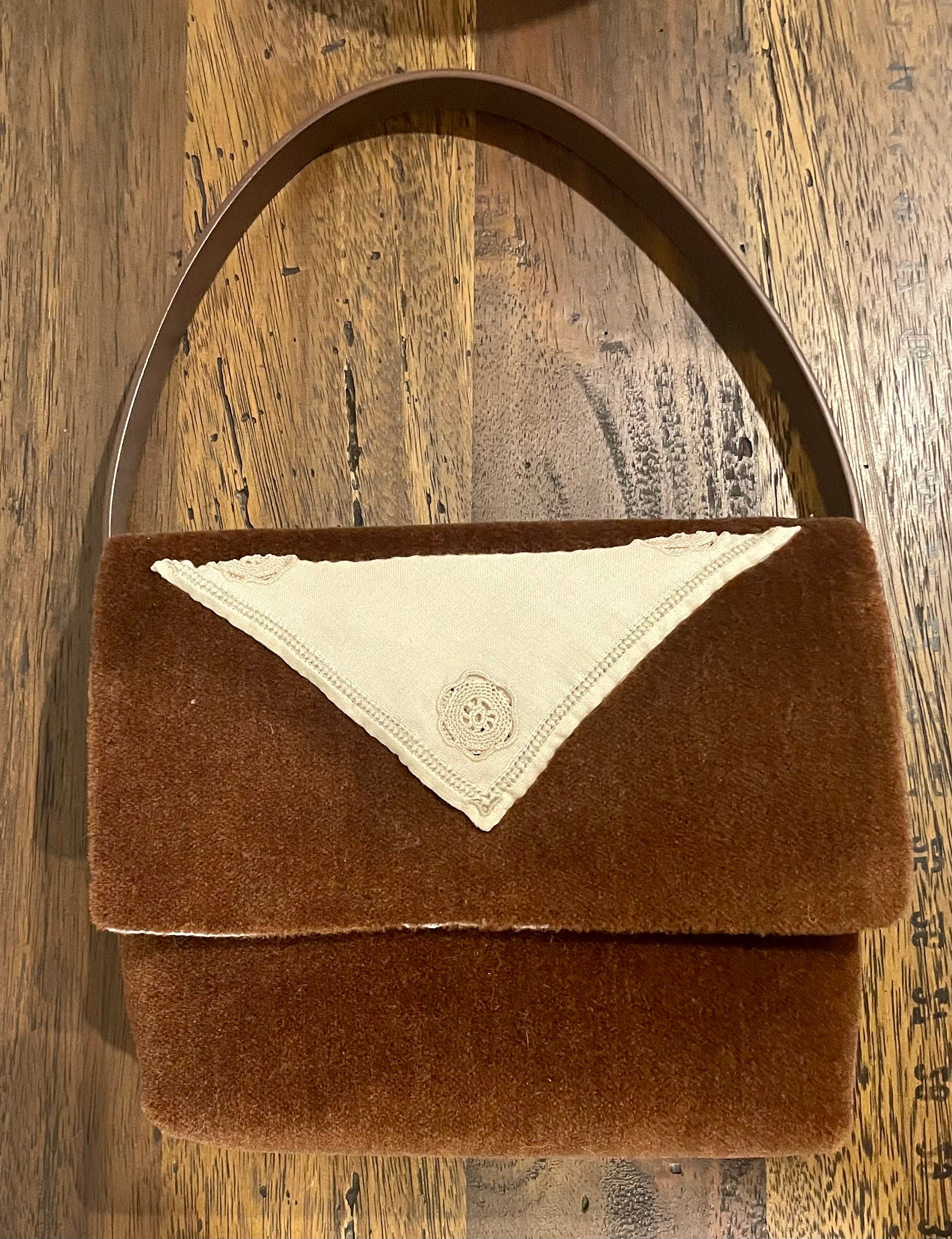 Brown Velvet Handbag — Embroidered Doily, One-of-a-Kind Upcycled Design