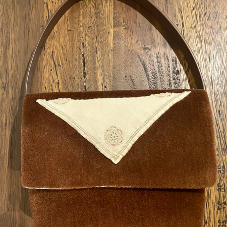 Brown Velvet Handbag — Embroidered Doily, One-of-a-Kind Upcycled Design