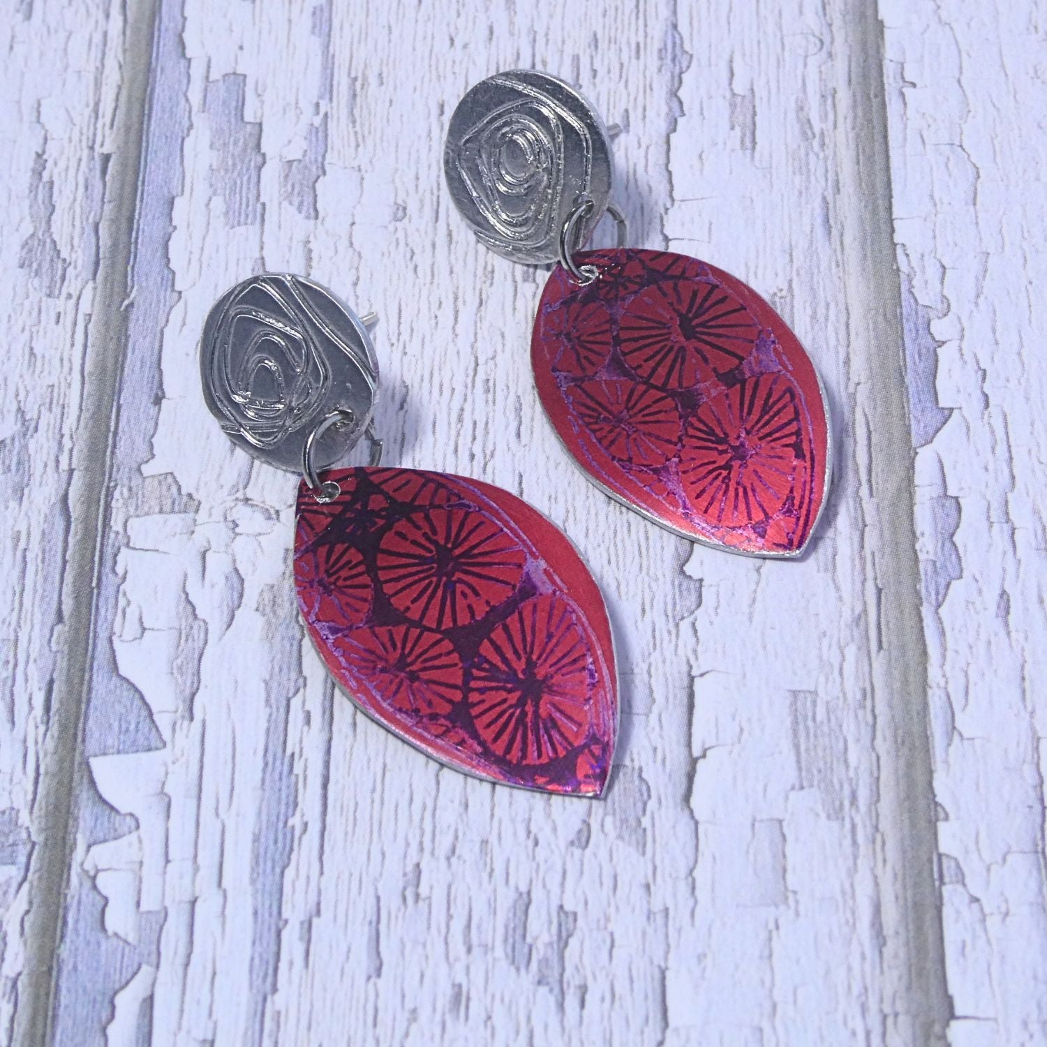 Hand printed anodised aluminium earrings - Scarlet Grace Collection