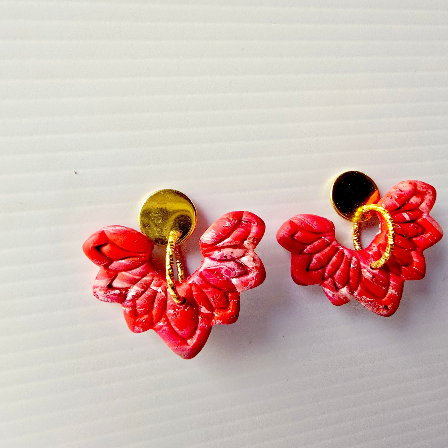 Red Marbled Floral 9k Gold Plated Earrings