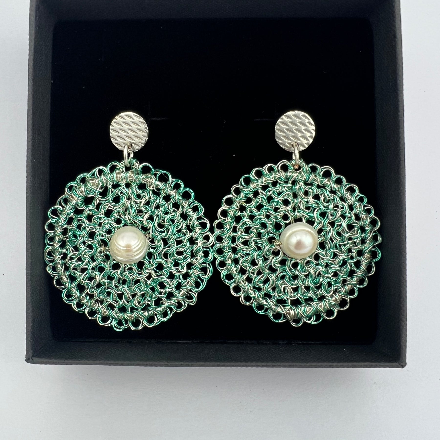 Celestial Bloom Earrings, Handwoven Wire Circles with Pearl