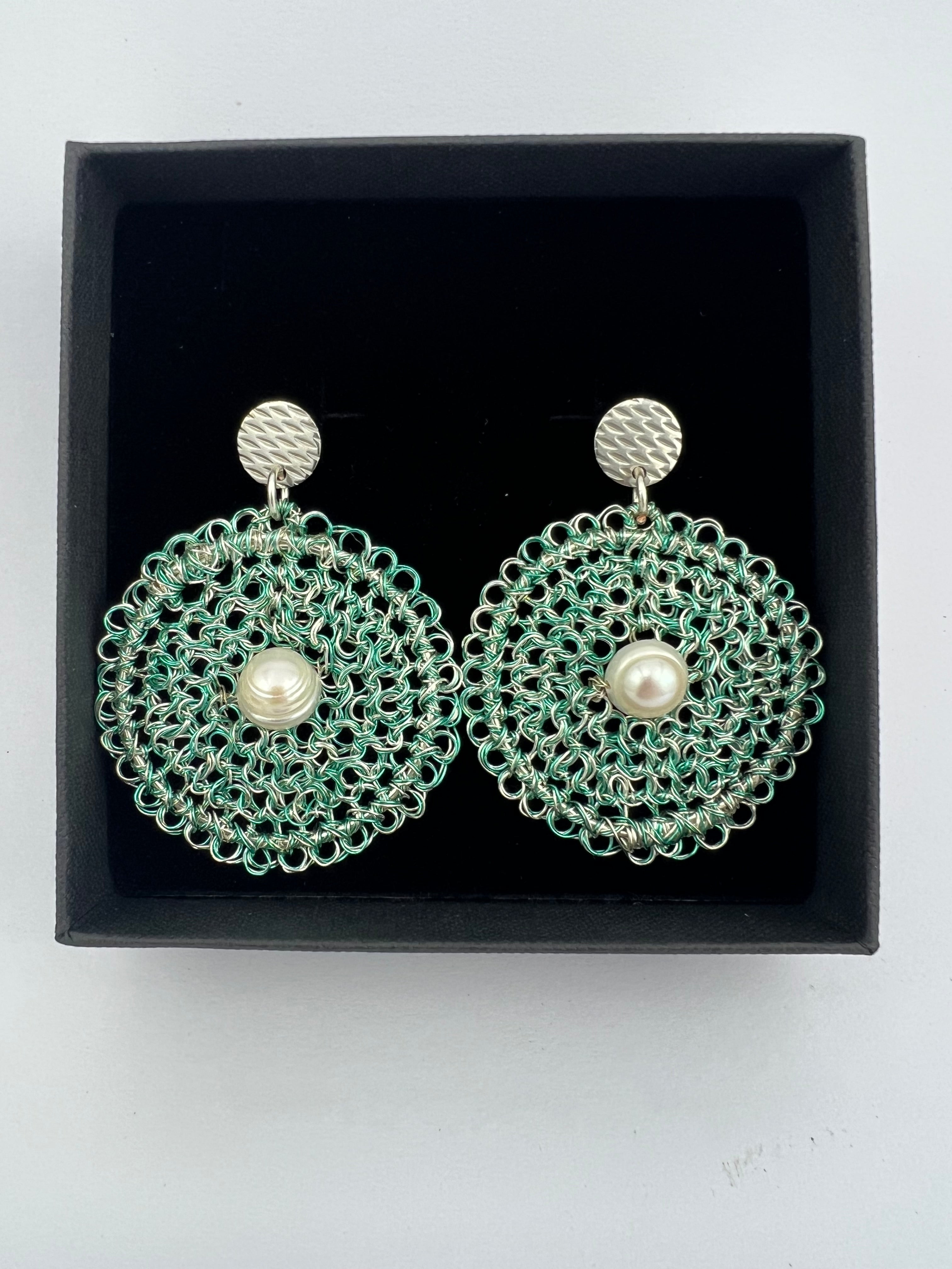 Celestial Bloom Earrings, Handwoven Wire Circles with Pearl