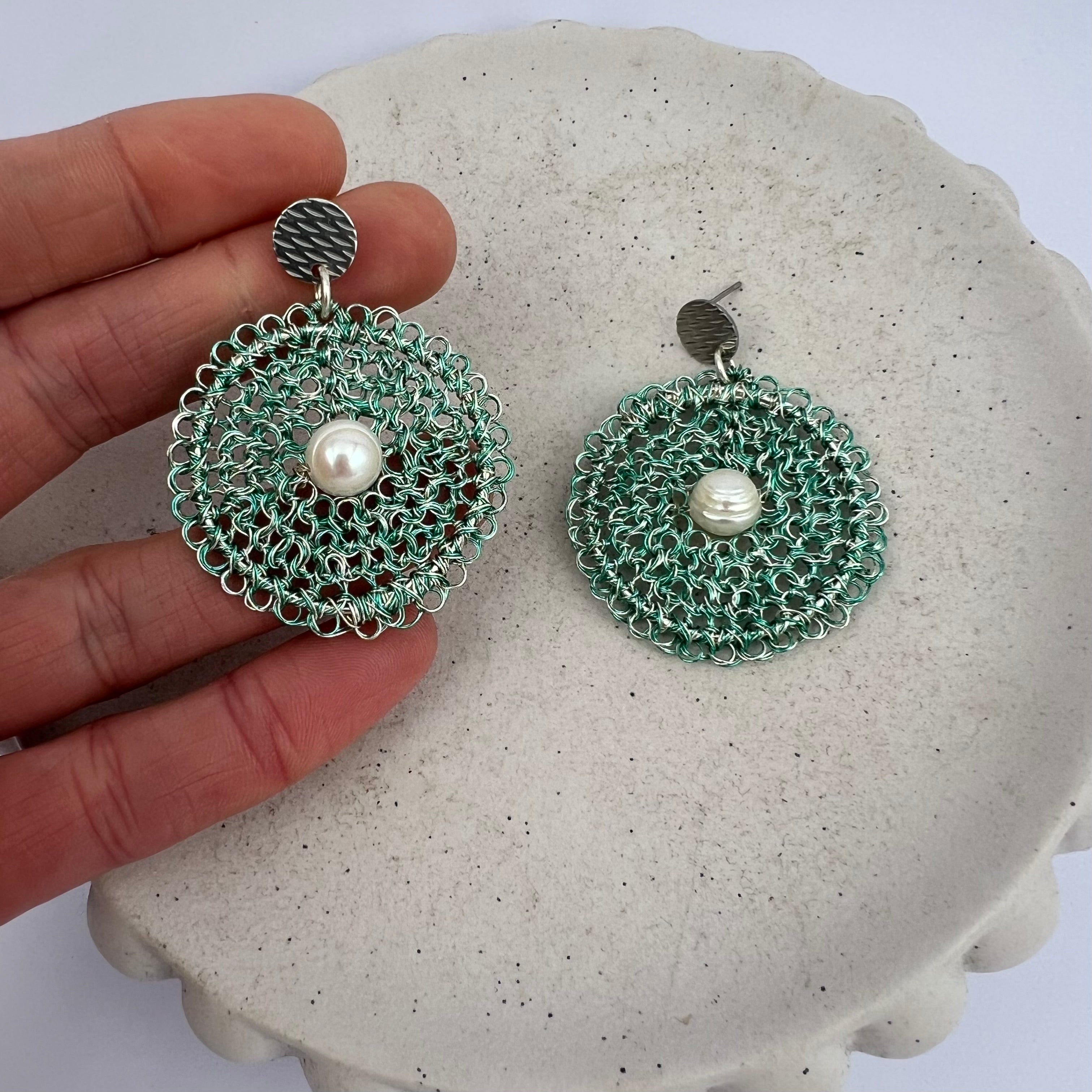 Celestial Bloom Earrings, Handwoven Wire Circles with Pearl