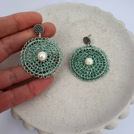 Celestial Bloom Earrings, Handwoven Wire Circles with Pearl