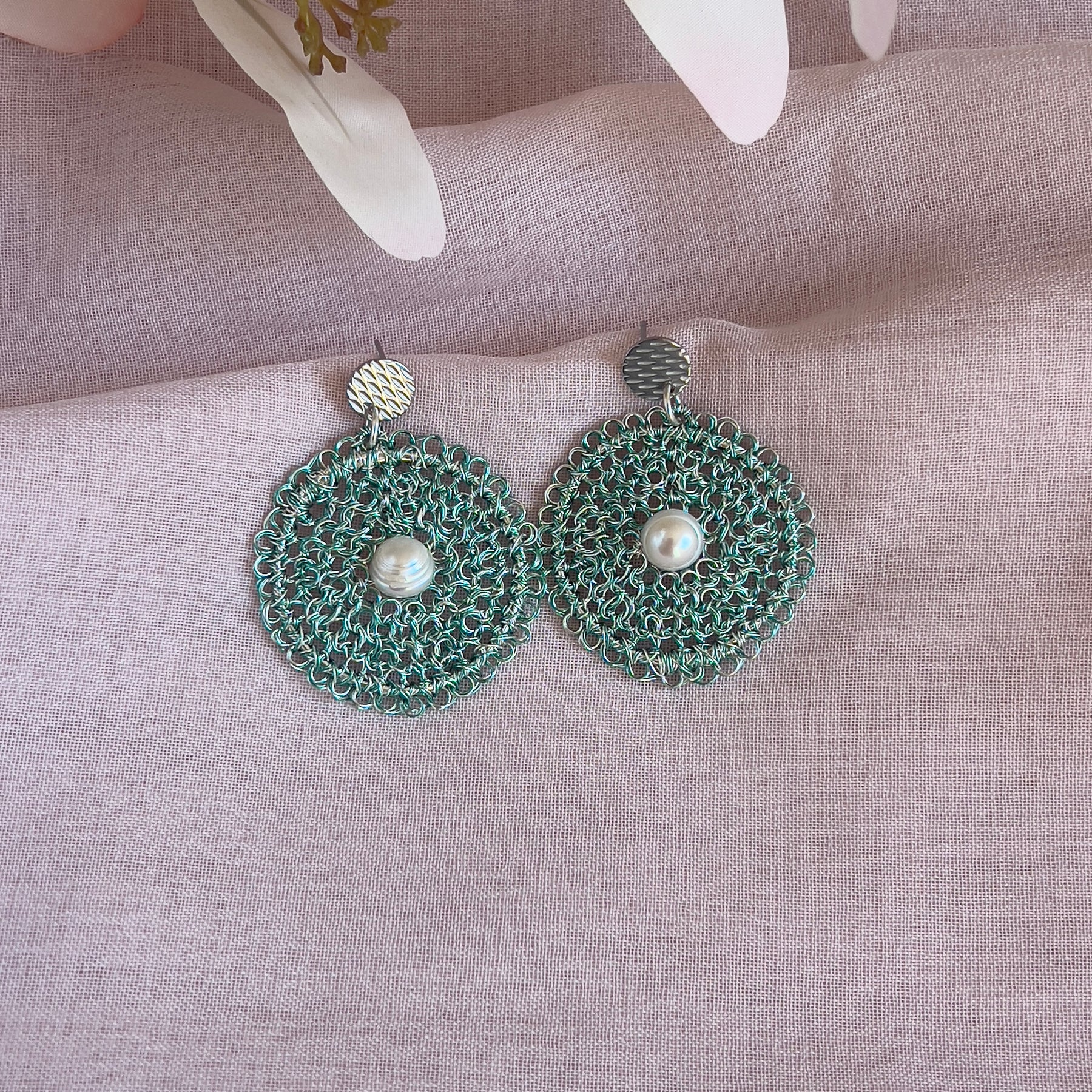 Celestial Bloom Earrings, Handwoven Wire Circles with Pearl