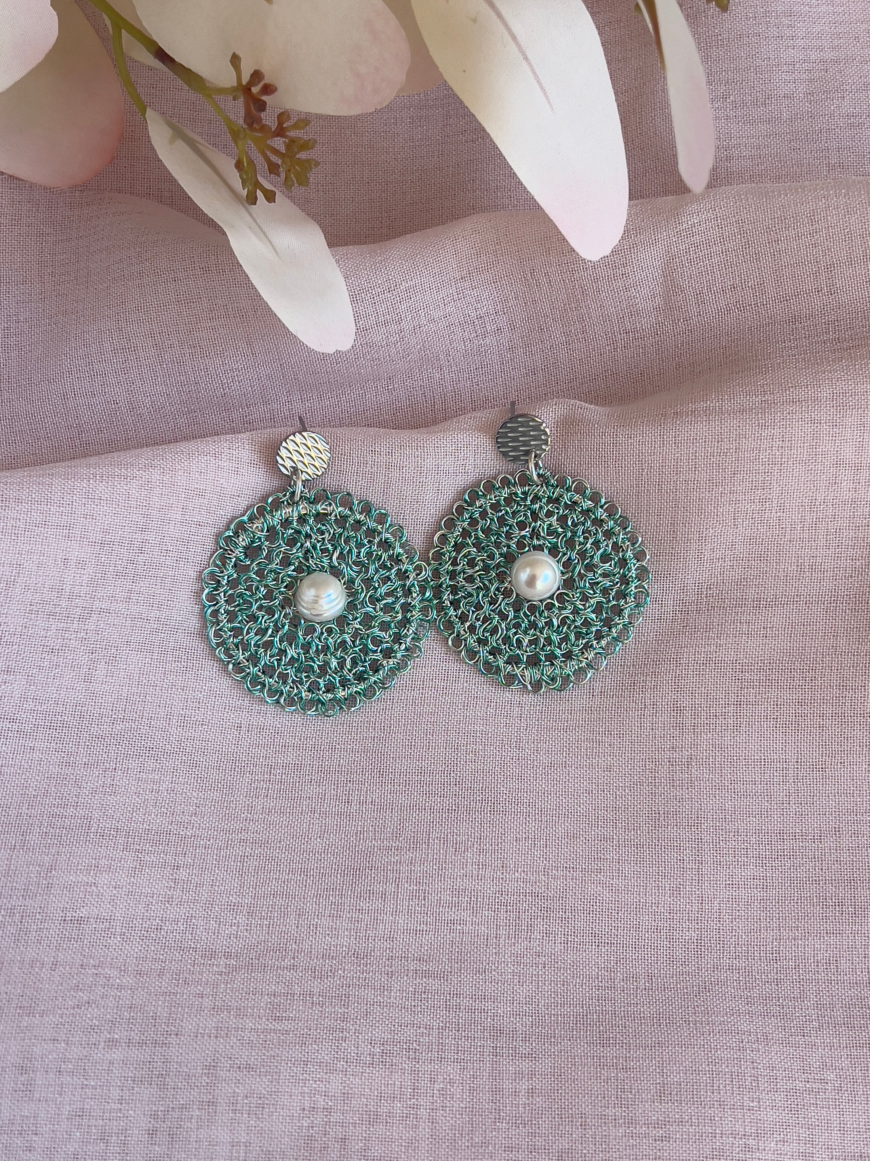 Celestial Bloom Earrings, Handwoven Wire Circles with Pearl