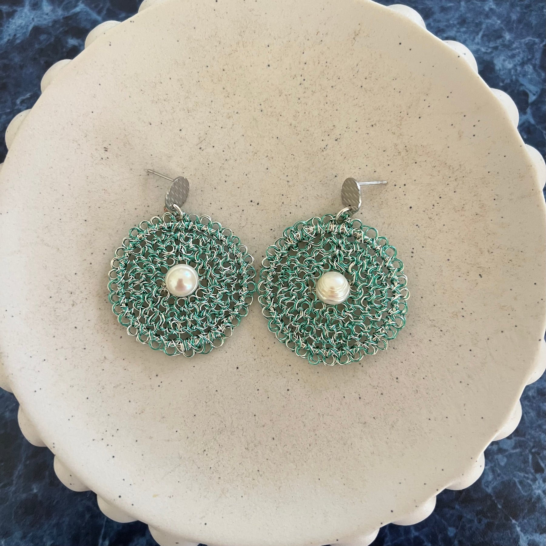 Celestial Bloom Earrings, Handwoven Wire Circles with Pearl