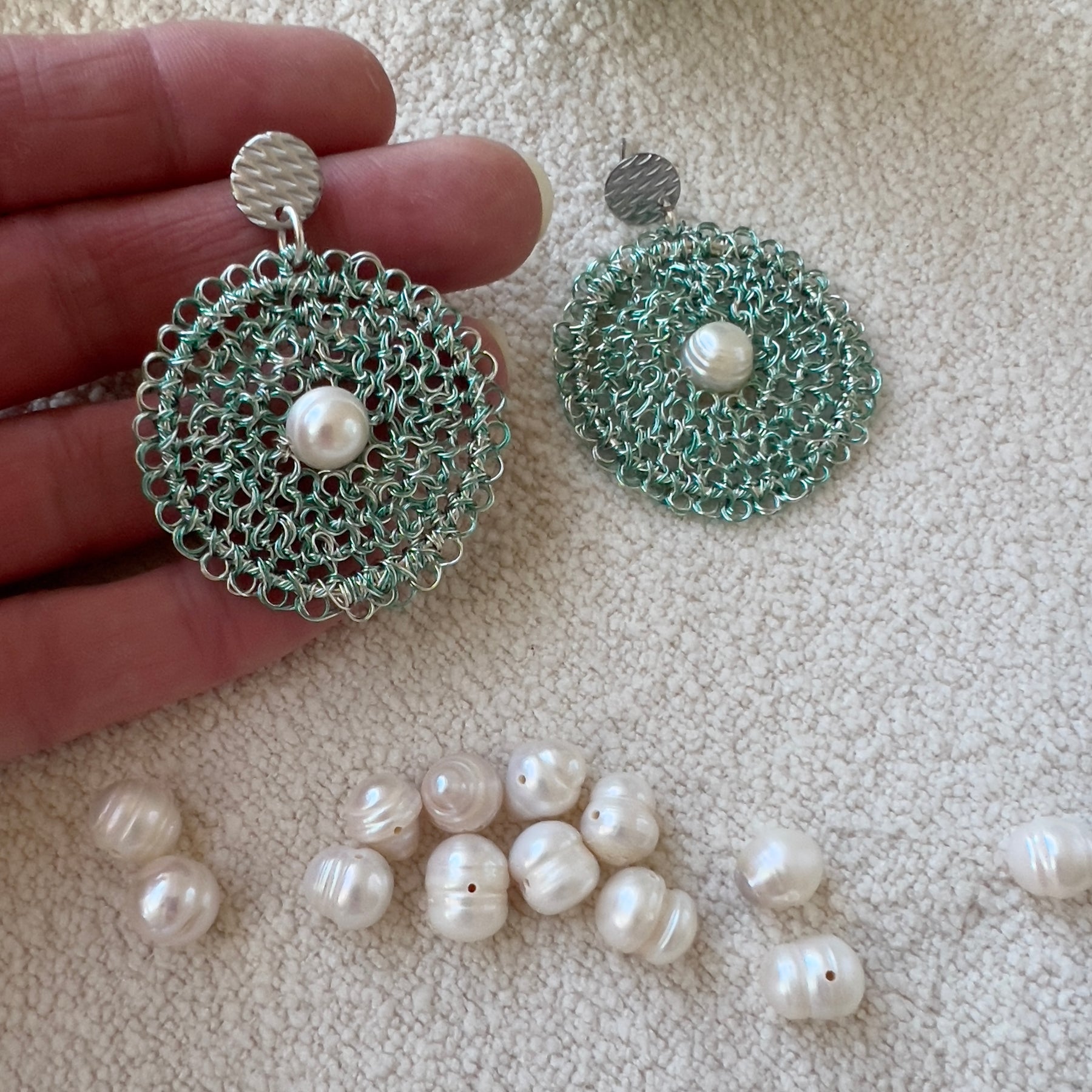 Celestial Bloom Earrings, Handwoven Wire Circles with Pearl