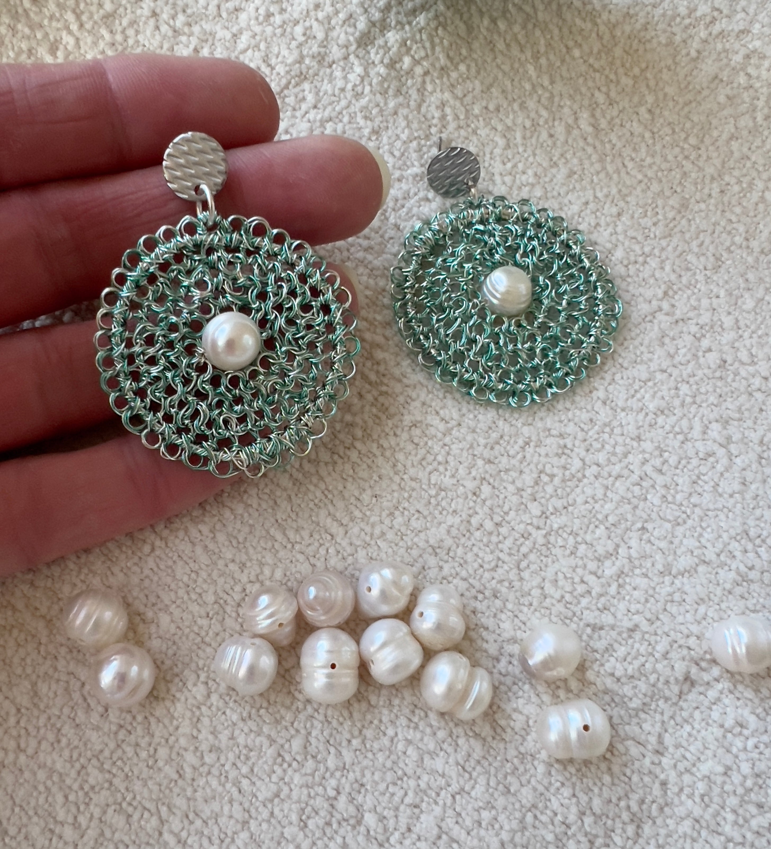 Celestial Bloom Earrings, Handwoven Wire Circles with Pearl