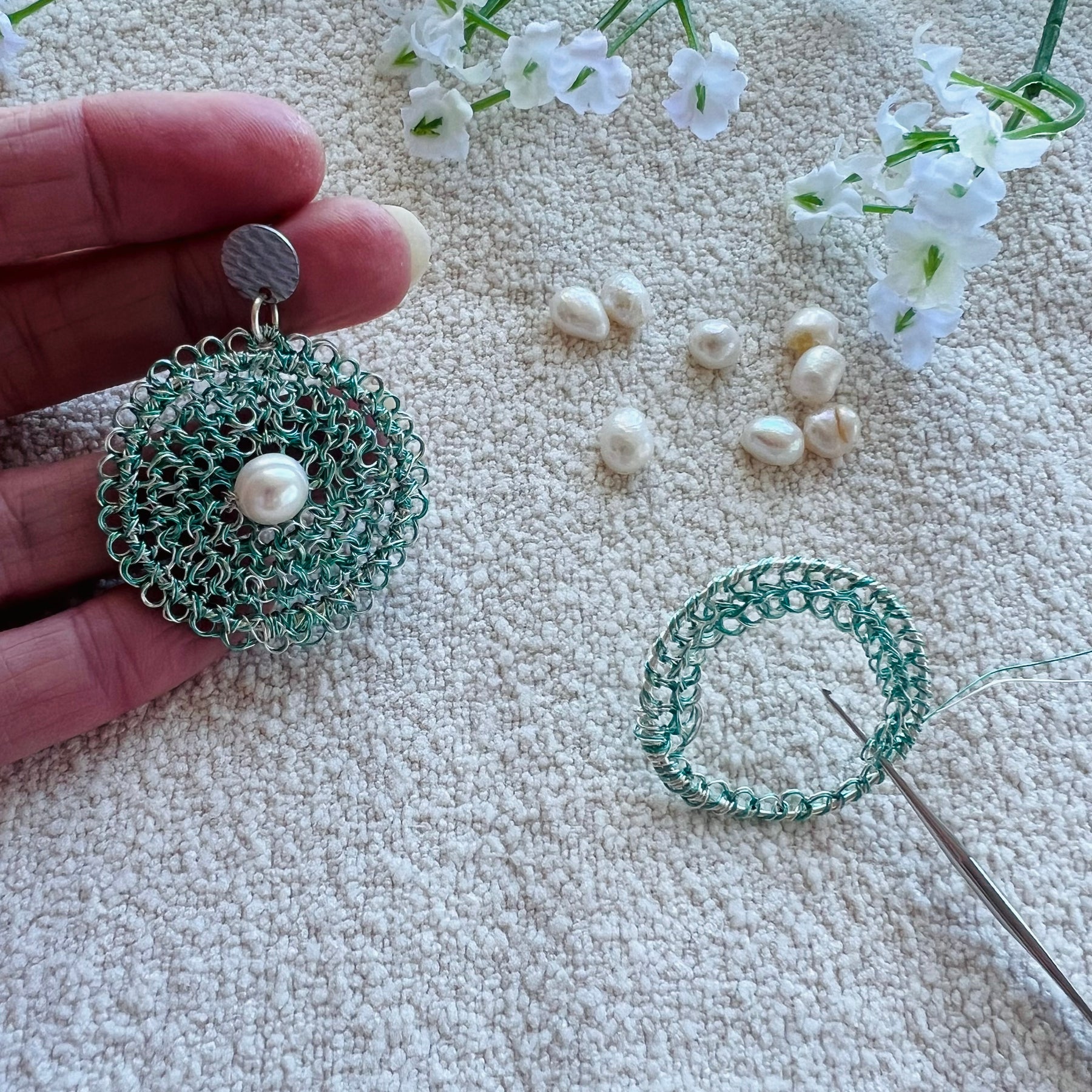 Celestial Bloom Earrings, Handwoven Wire Circles with Pearl