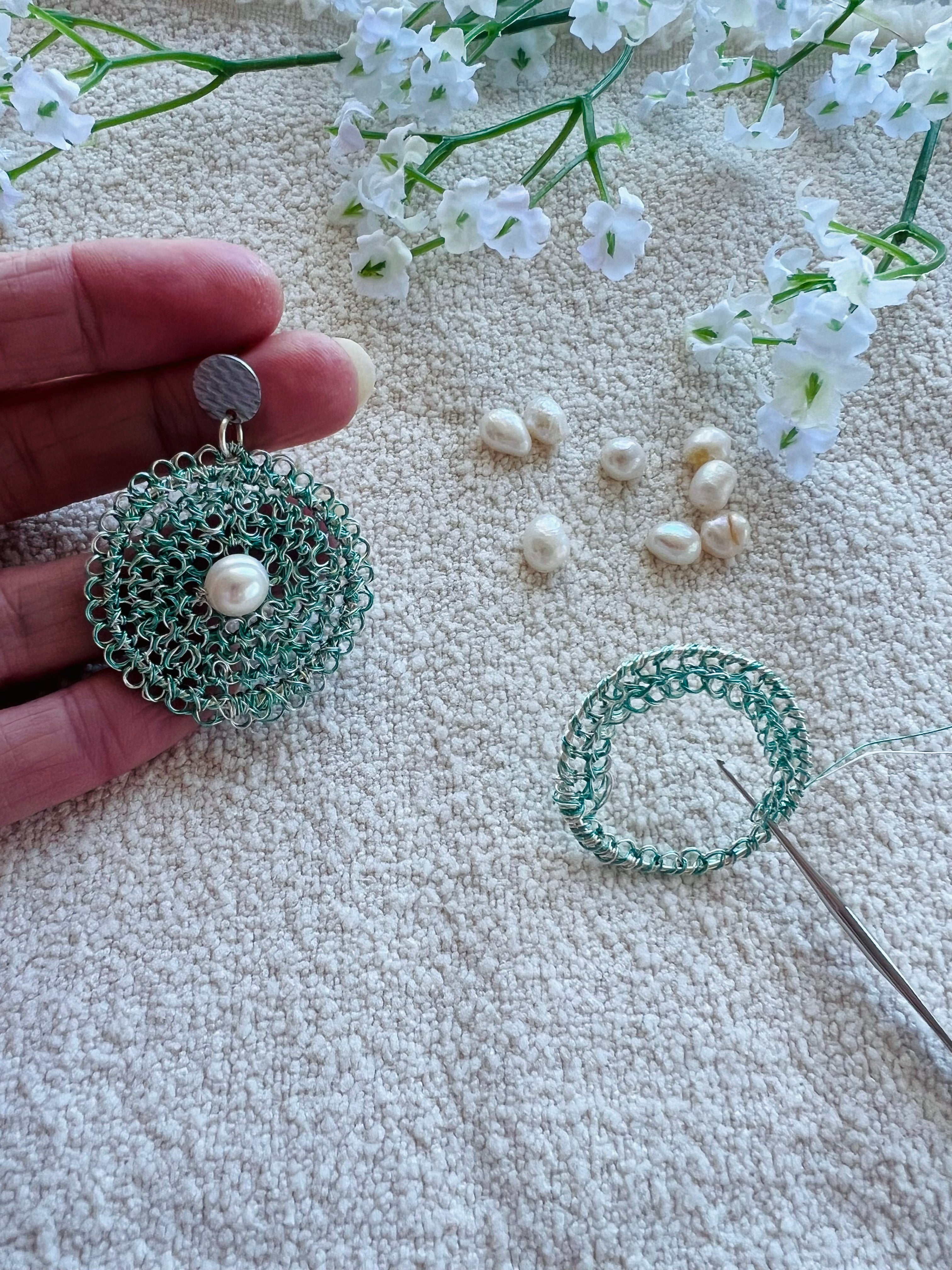 Celestial Bloom Earrings, Handwoven Wire Circles with Pearl