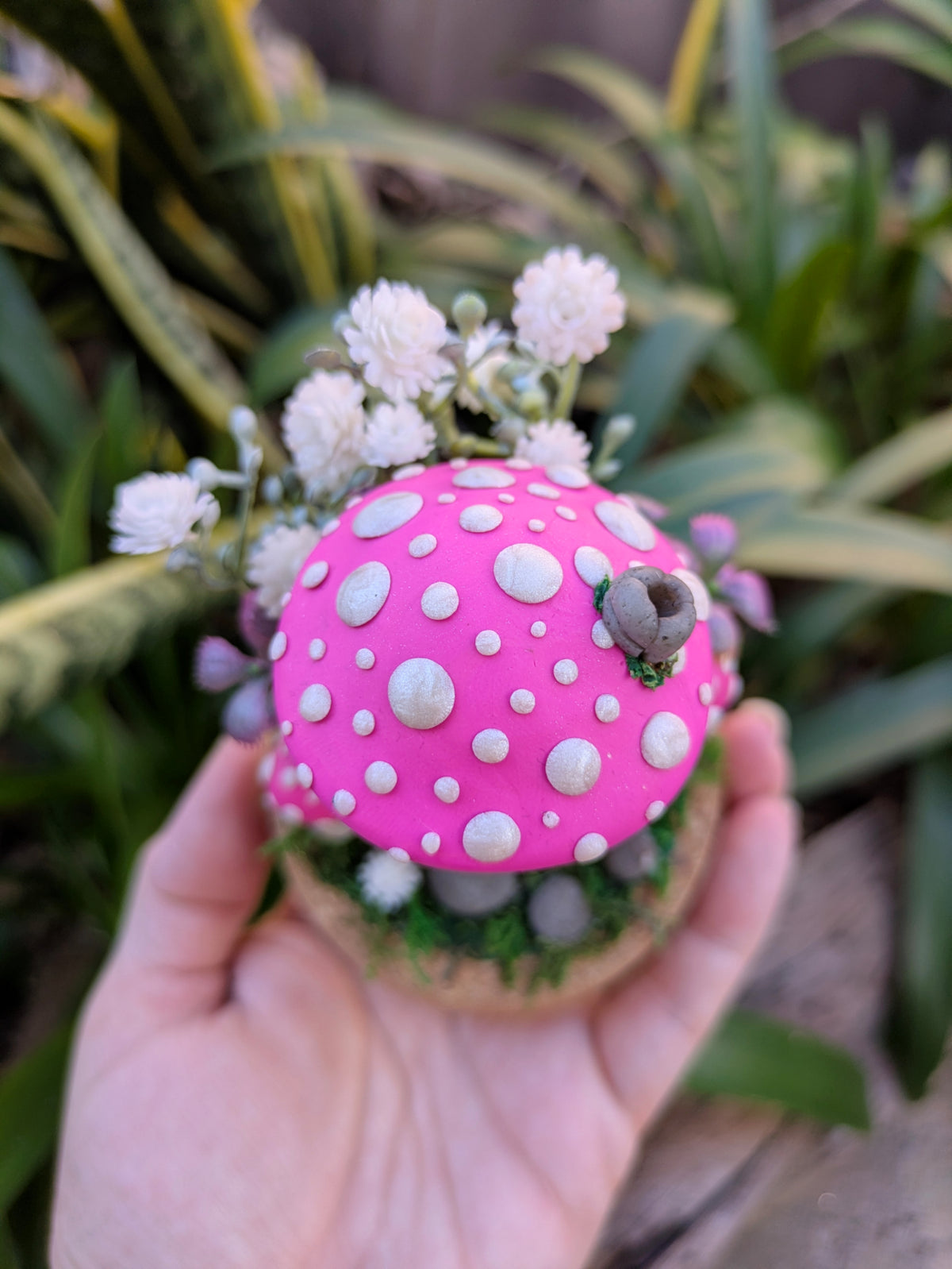 Pink Fairy Mushroom Houses in glass domes