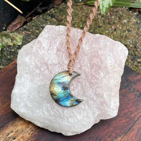 Labradorite Pendant: Crescent moon Beaded Macrame, Adjustable Boho Gift