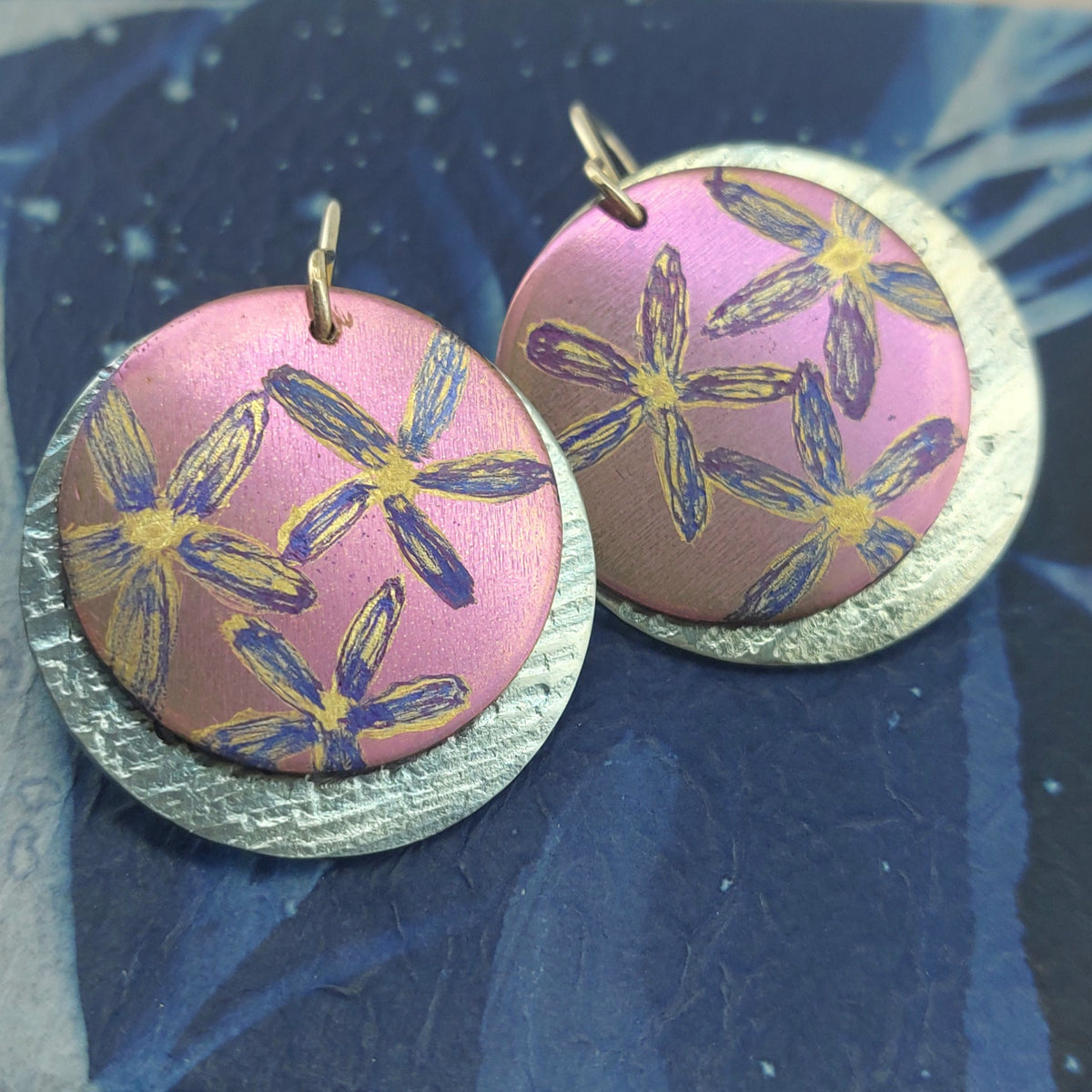 Titanium Disc Earrings with Philothica Design- Pink and Ice Blue