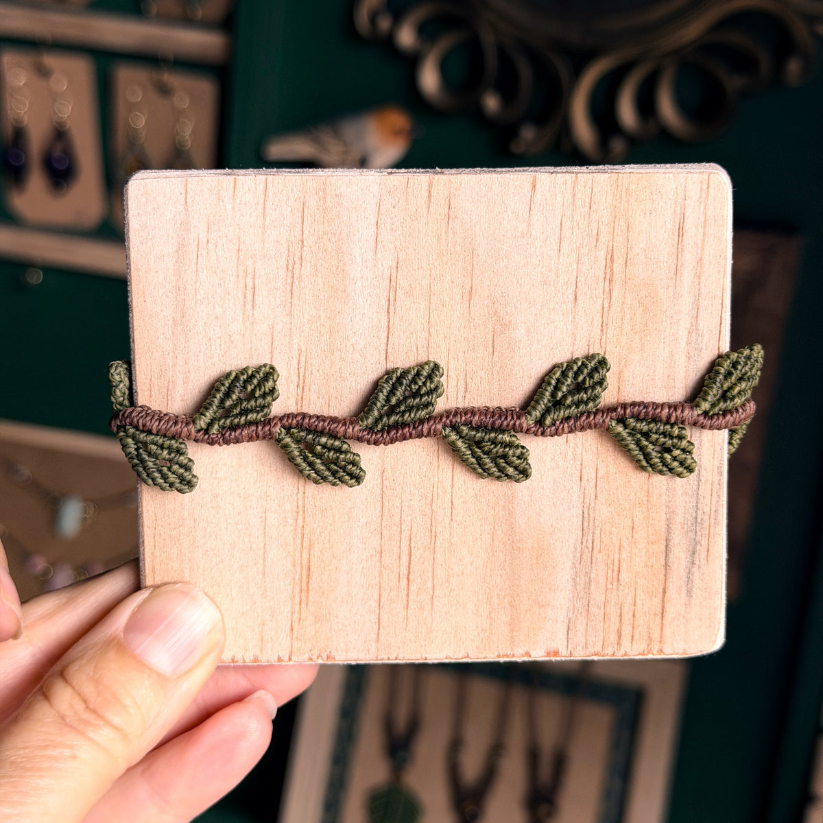 Macrame Brown Vine with Green Leaf - earthy forest fae collection