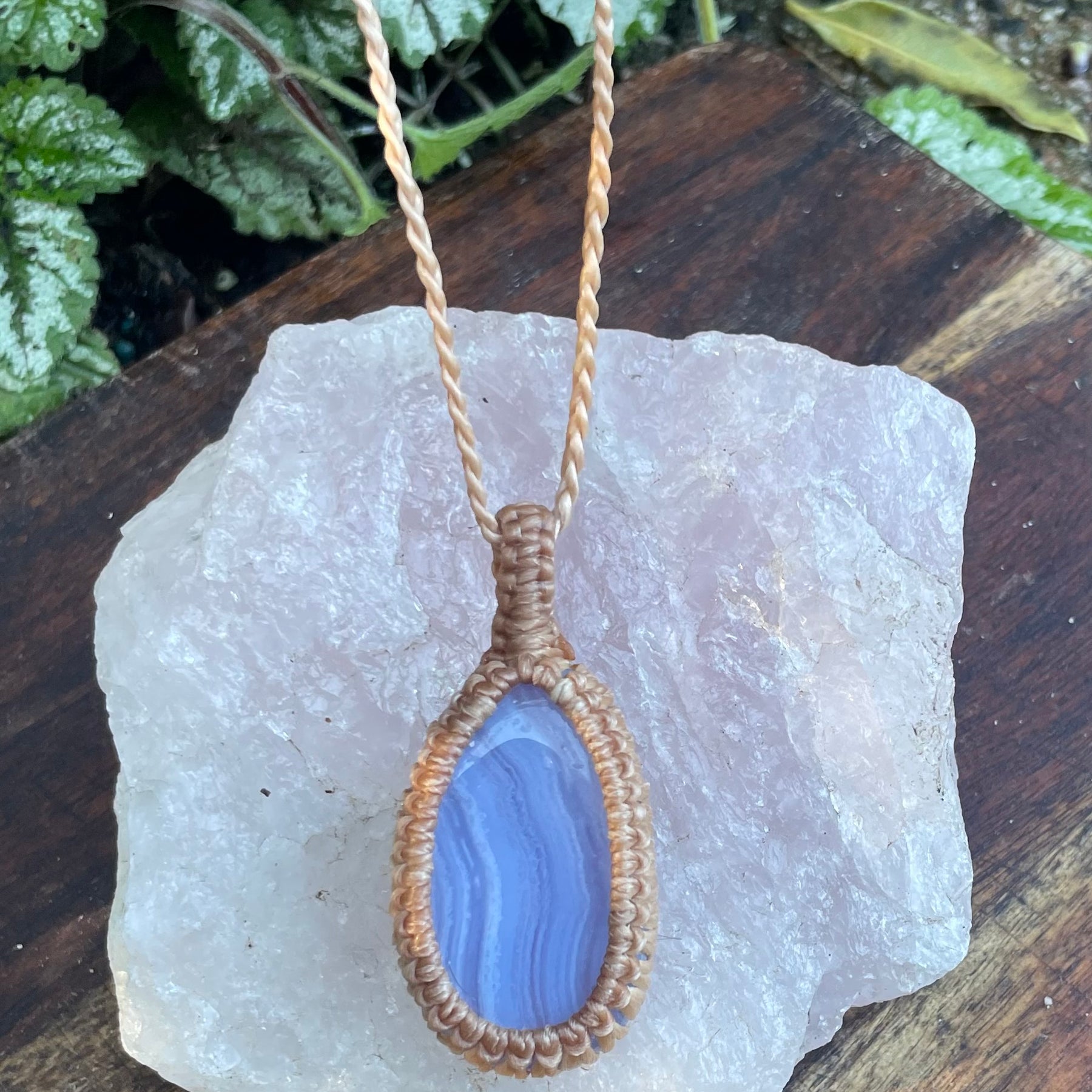 Blue Lace Agate Pendant, boho macrame necklace, adjustable