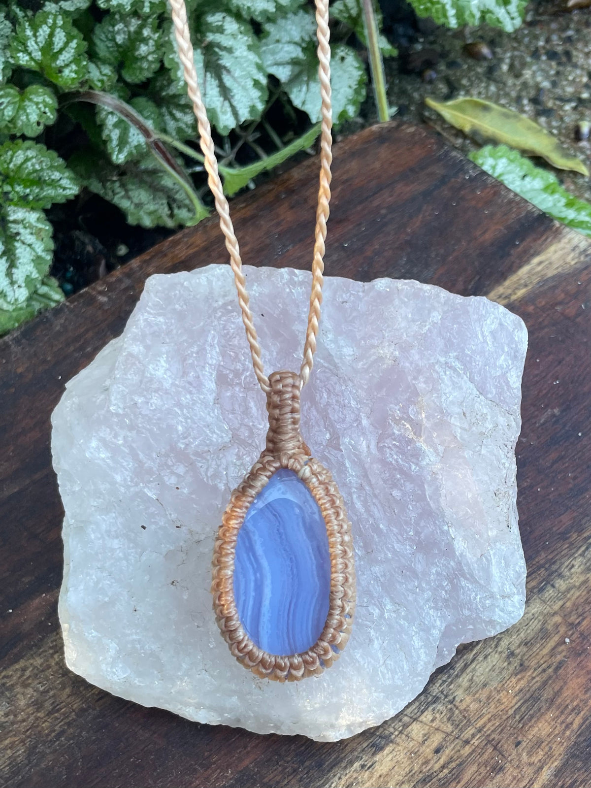 Blue Lace Agate Pendant, boho macrame necklace, adjustable