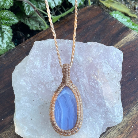 Blue Lace Agate Pendant, boho macrame necklace, adjustable