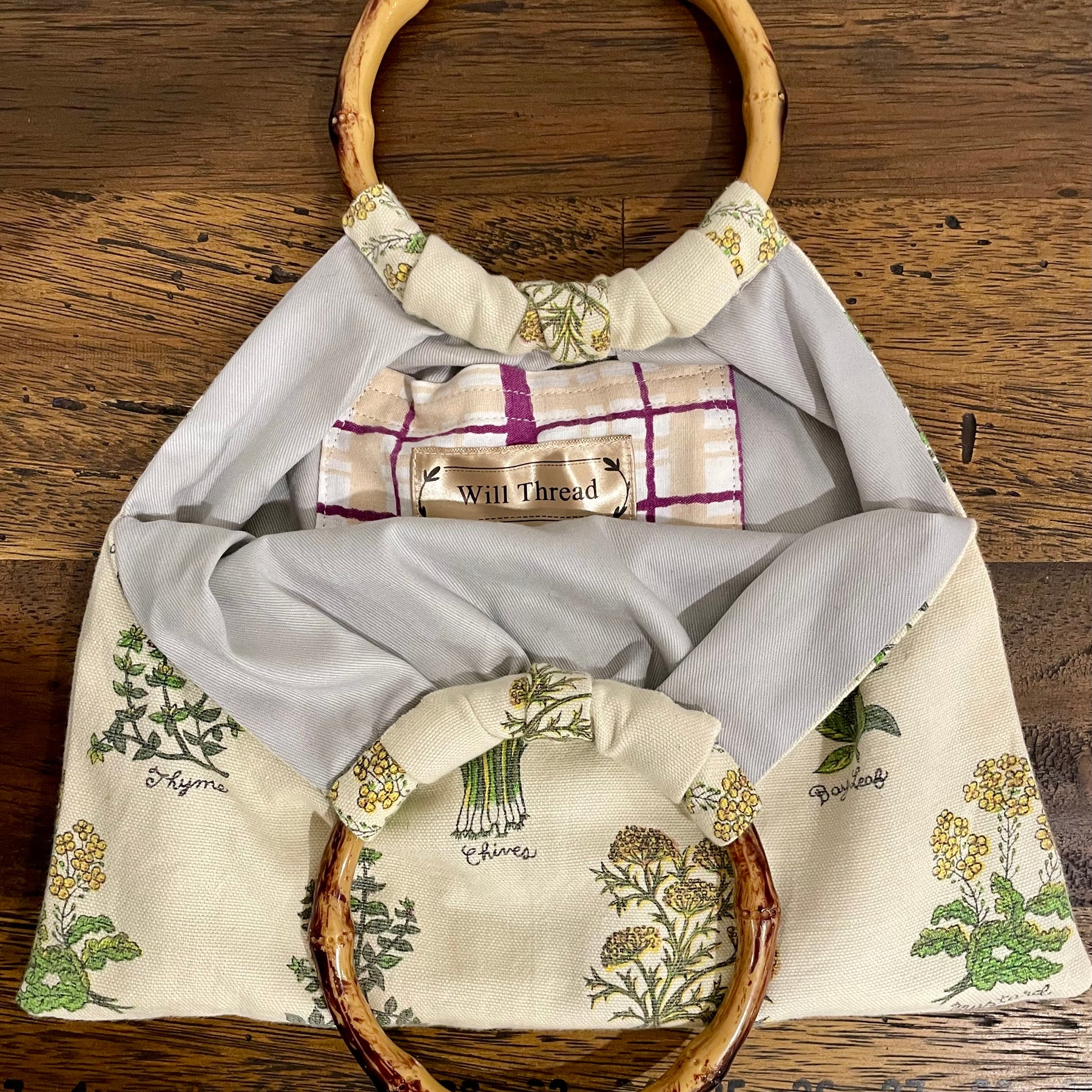 Boho Herb Granny Bag – Reclaimed Napkin Fabric Handbag, Grey Lining