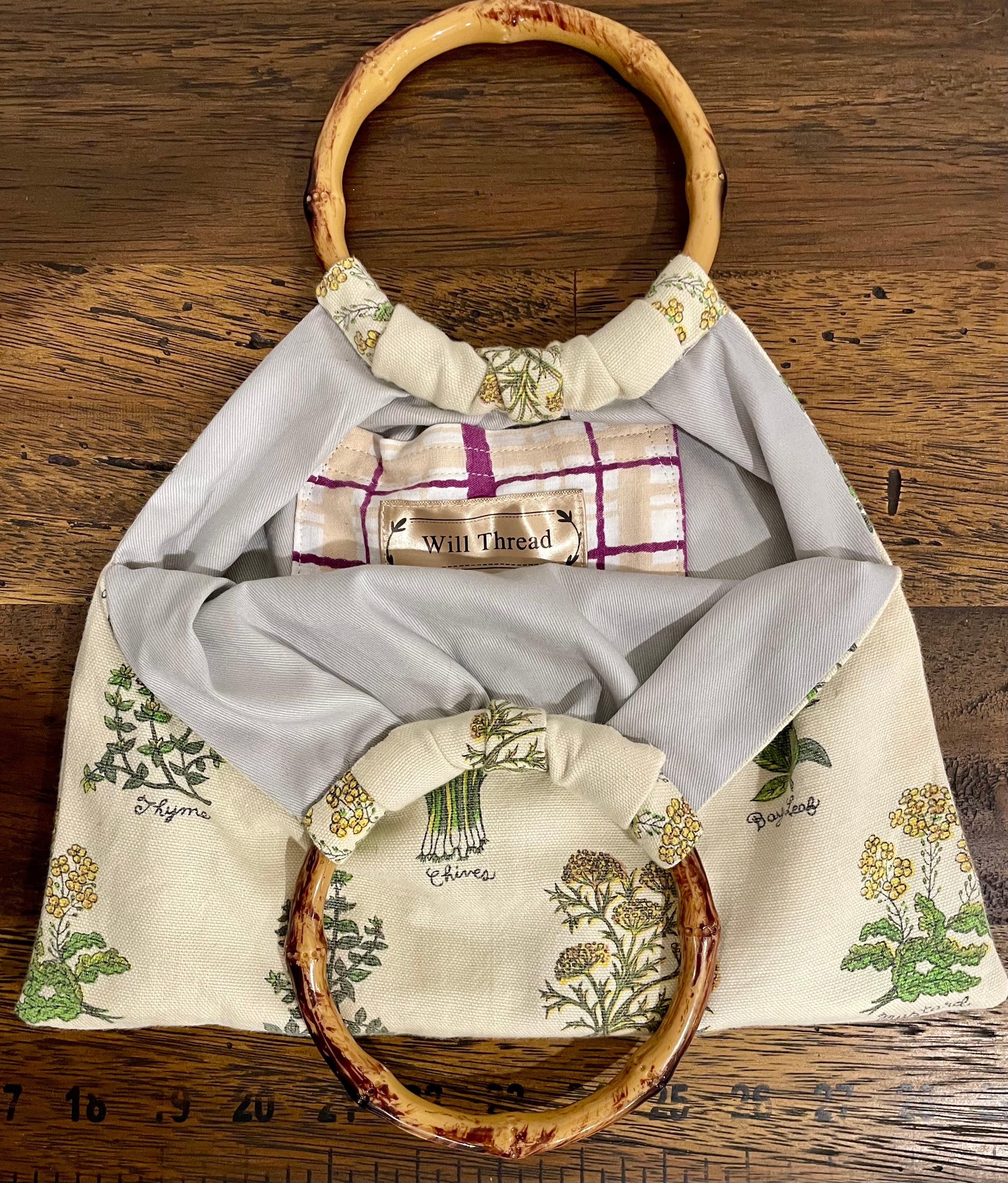 Boho Herb Granny Bag – Reclaimed Napkin Fabric Handbag, Grey Lining