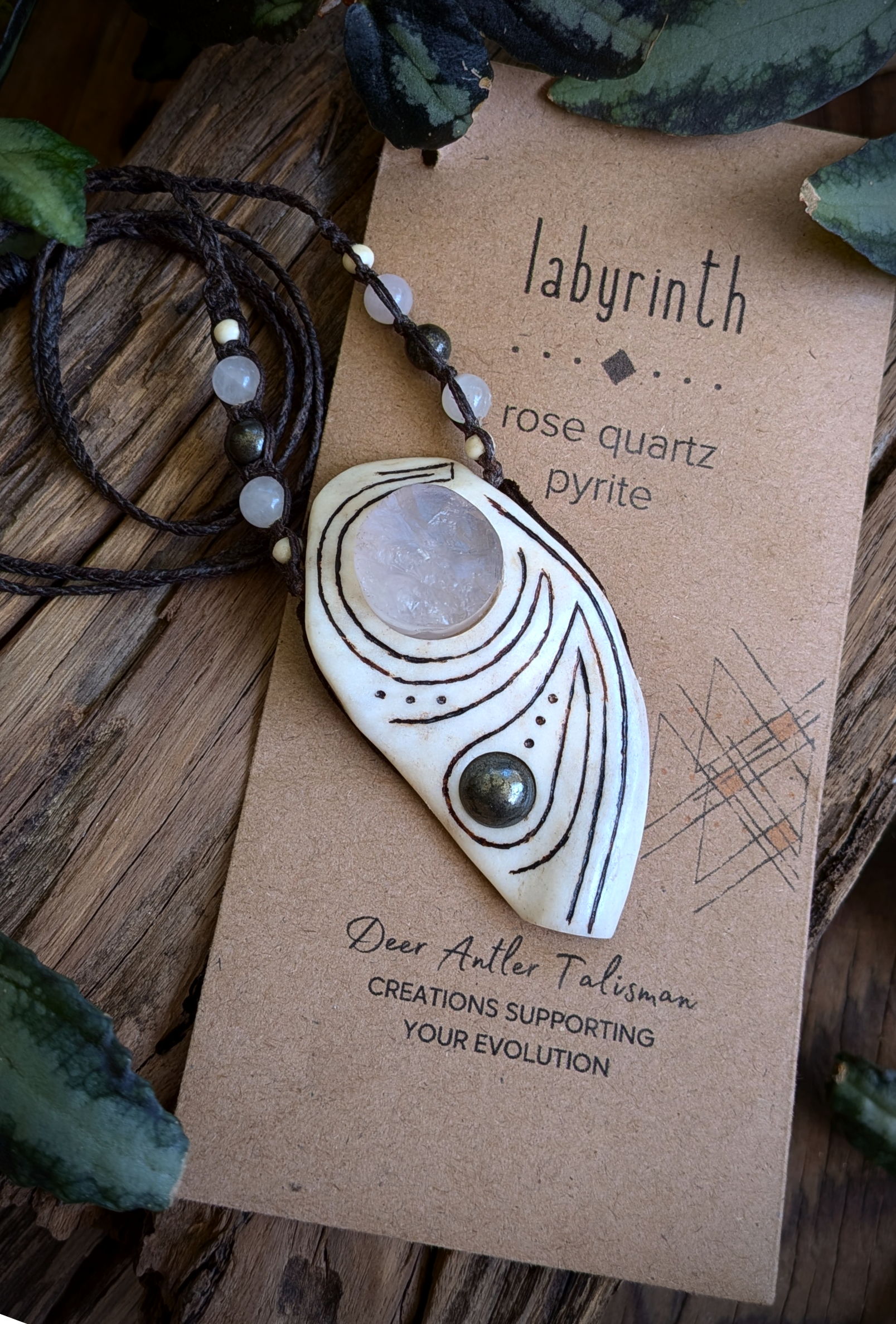 •| RAW ROSE QUARTZ | PYRITE | DEER ANTLER |• natural crystal necklace talisman