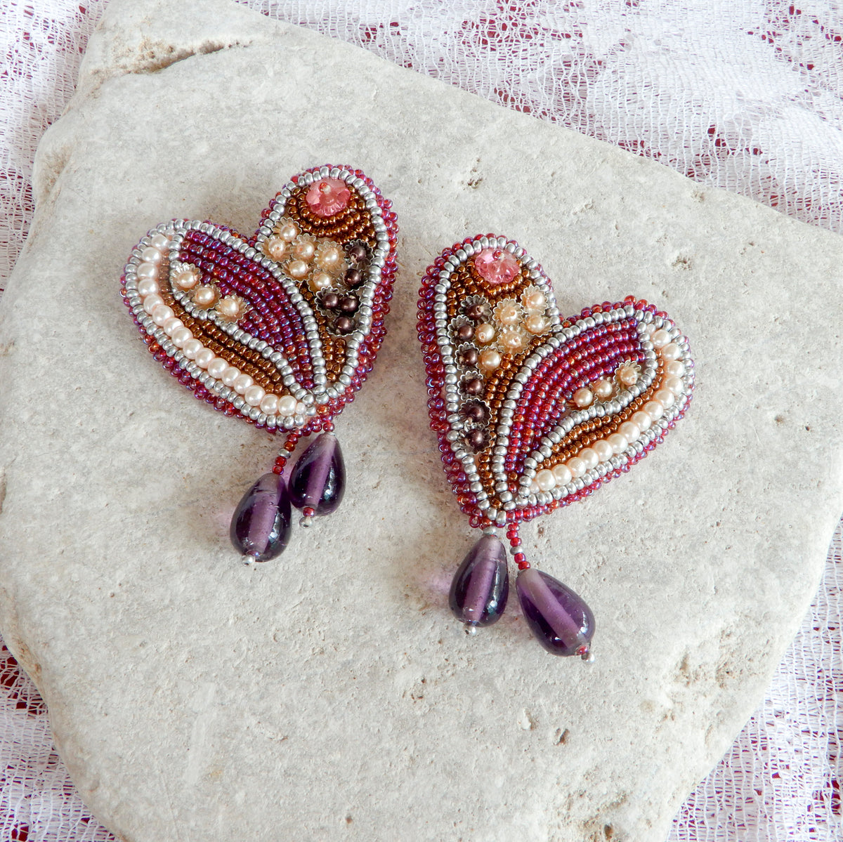 Bead Embroidered Heart Earrings