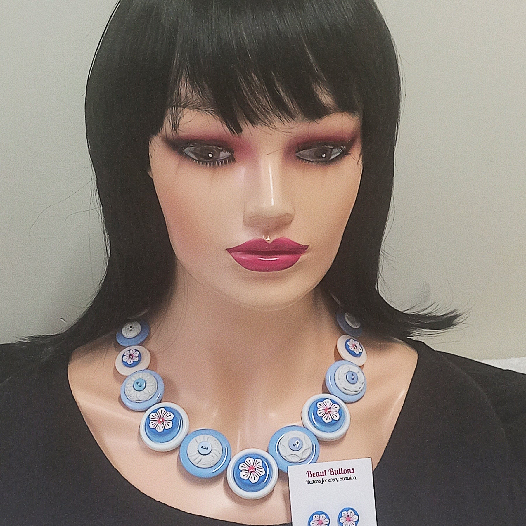 Blue button necklace and earrings - Winter Blooms