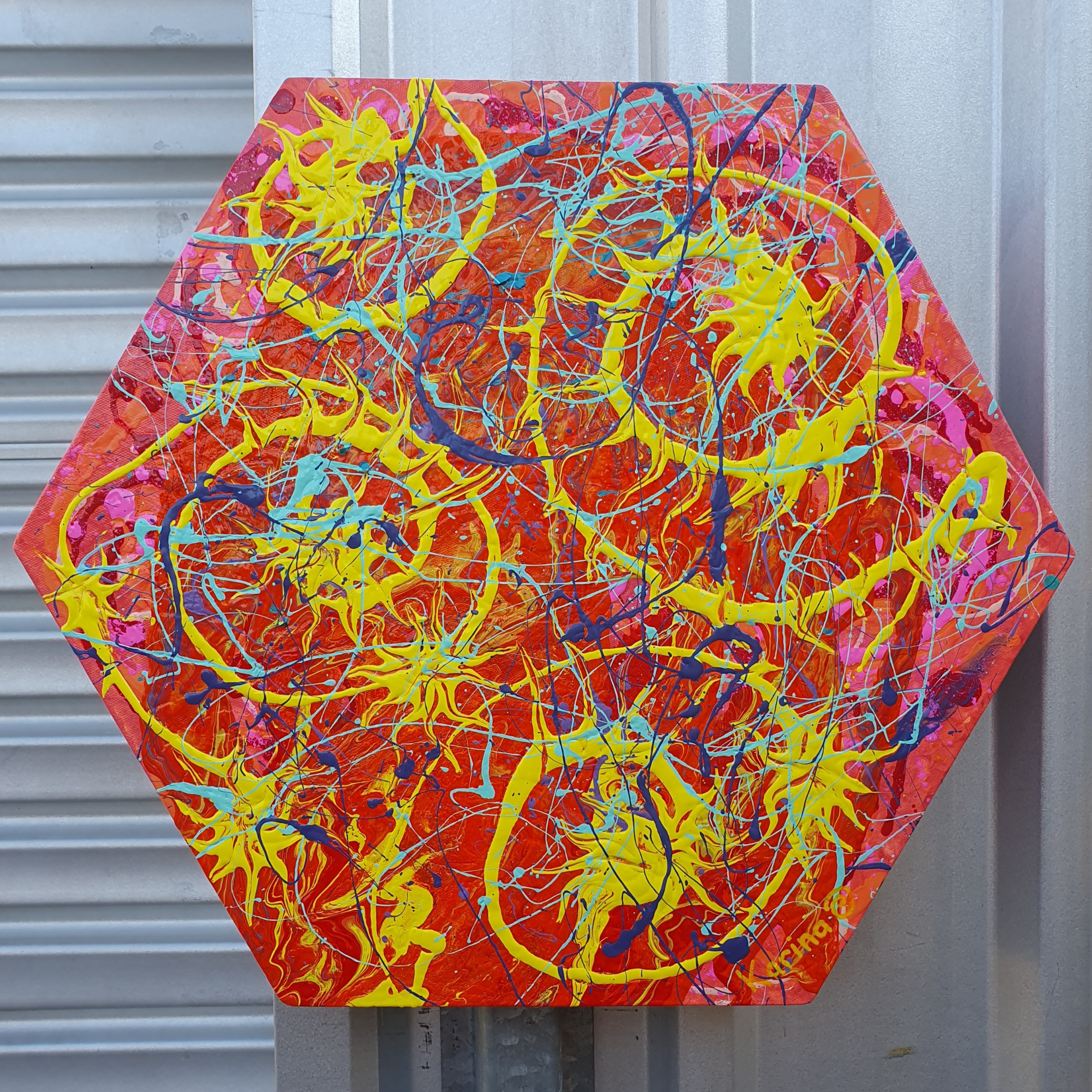 Solar Flare. Original Abstract, Hexagon Acrylic Canvas Painting.