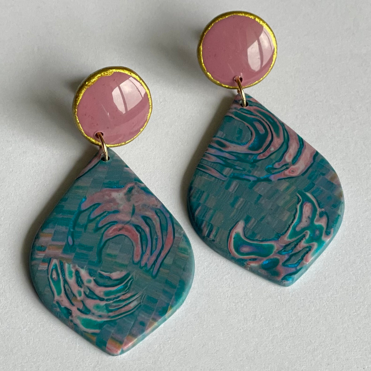 Polymer Clay Teardrop Stud Drop Earrings – Teal & Pink