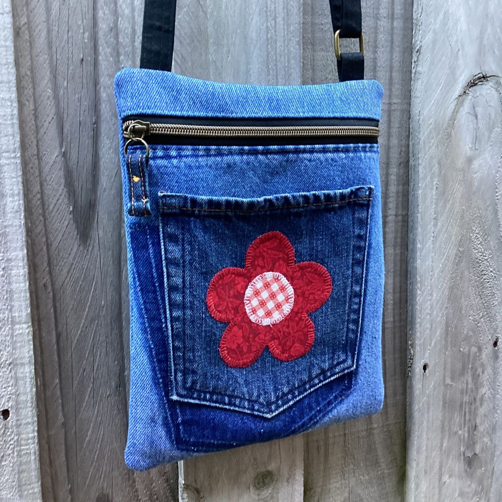 Upcycled Denim Crossbody Bag - Red Flower
