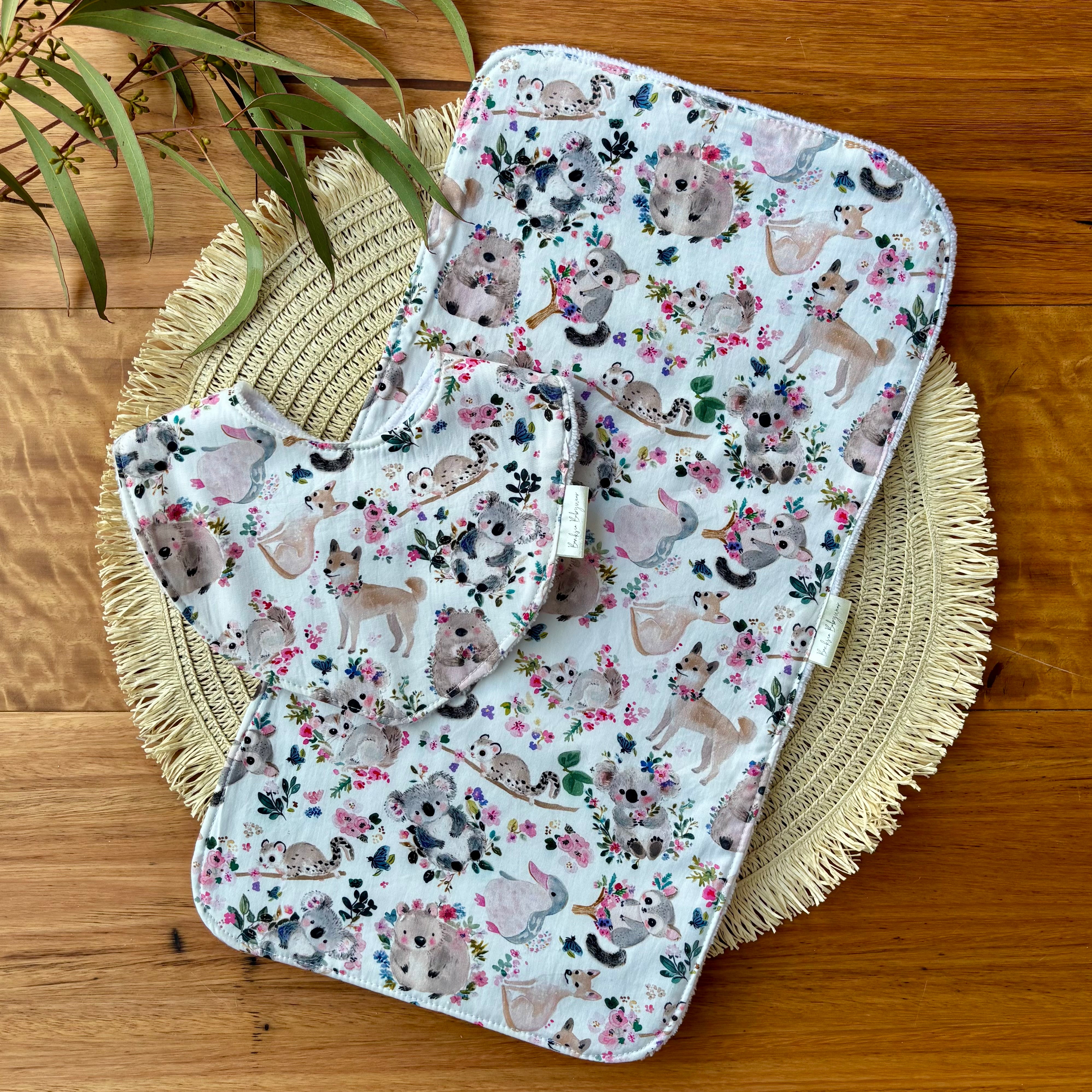 Baby Bib and Burp Cloth Set | Floral Friends | Ready to Ship