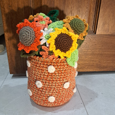 Handmade Crochet Doorstop sunflowers in orange vase