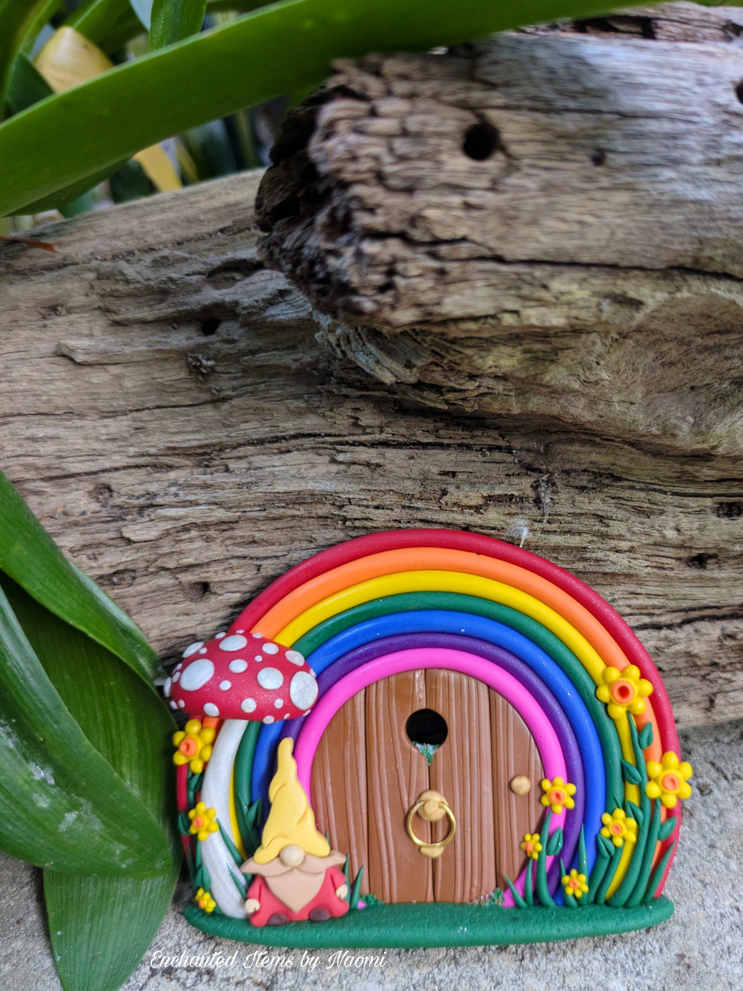 Small Hand-Sculpted Rainbow Fairy Door with Gnome & Mushroom ✨🍄