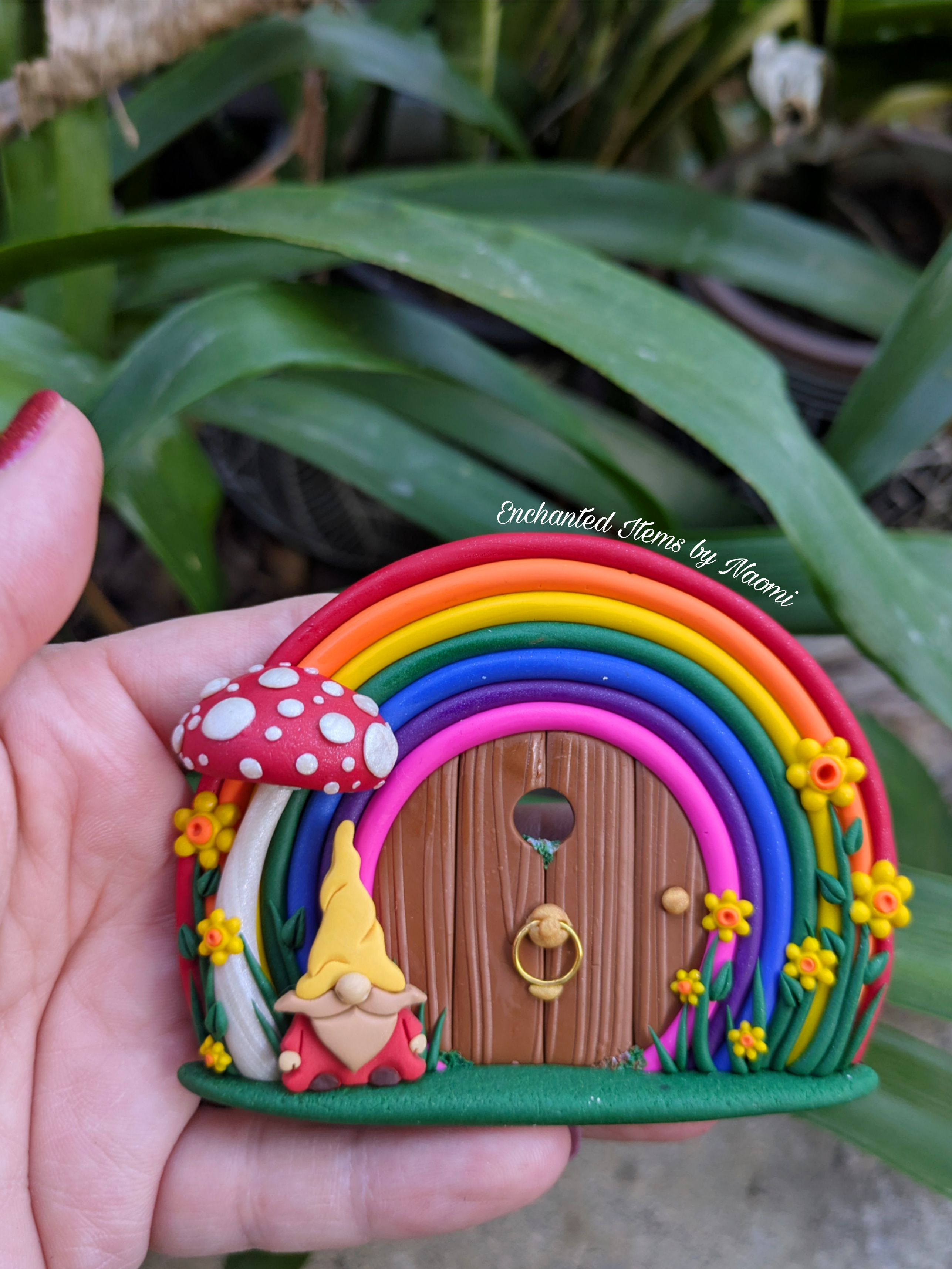 Small Hand-Sculpted Rainbow Fairy Door with Gnome & Mushroom ✨🍄