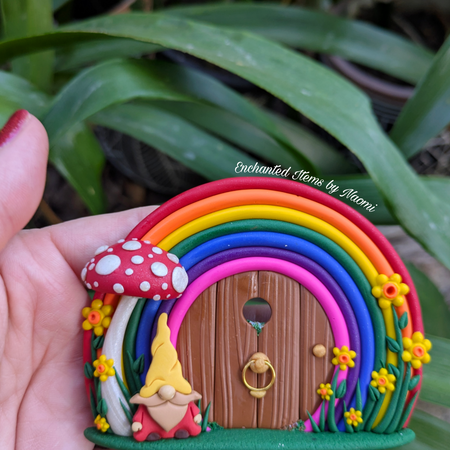 Small Hand-Sculpted Rainbow Fairy Door with Gnome & Mushroom ✨🍄