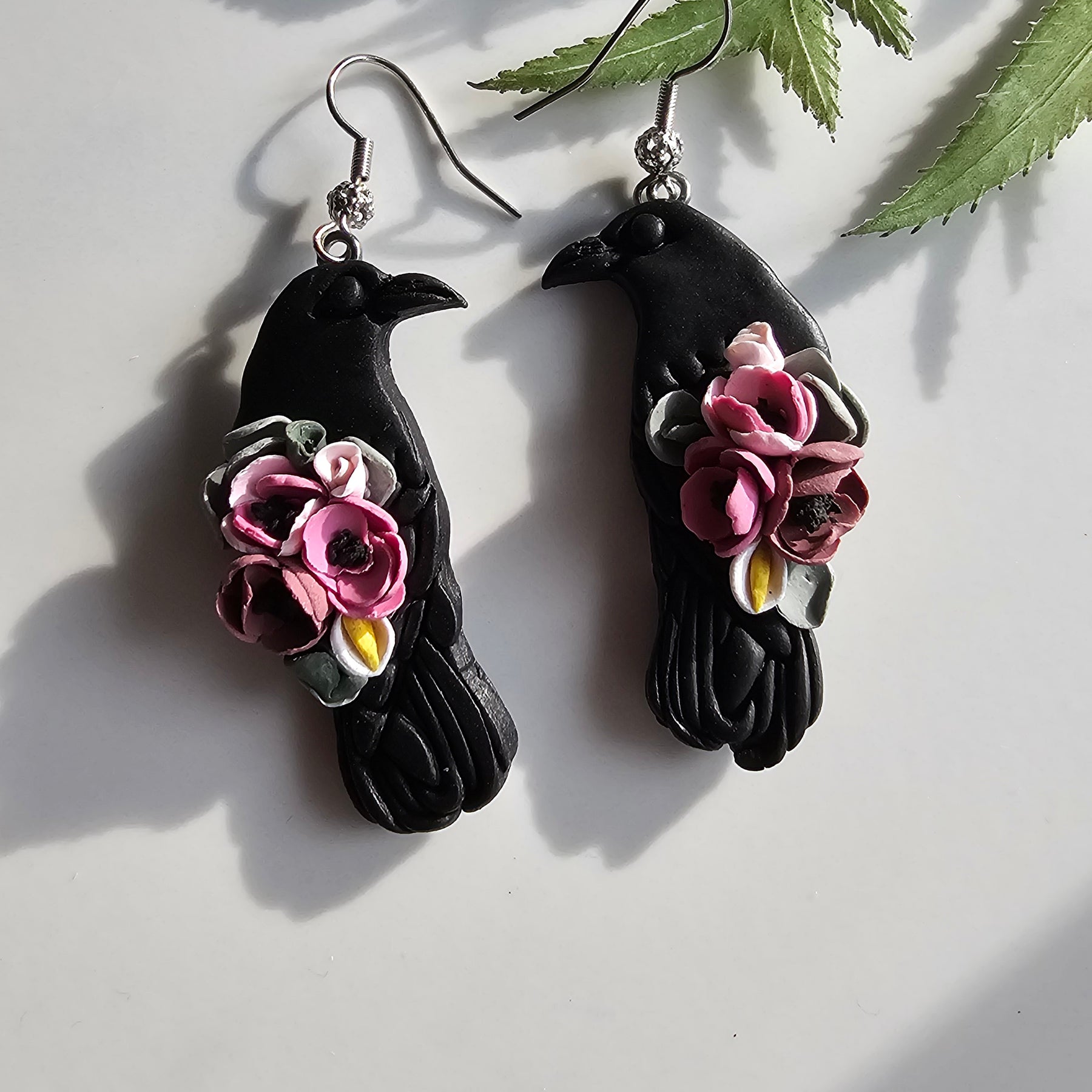 Floral Ravens, Mystical Raven Earrings, Handmade Polymer Clay Jewelry