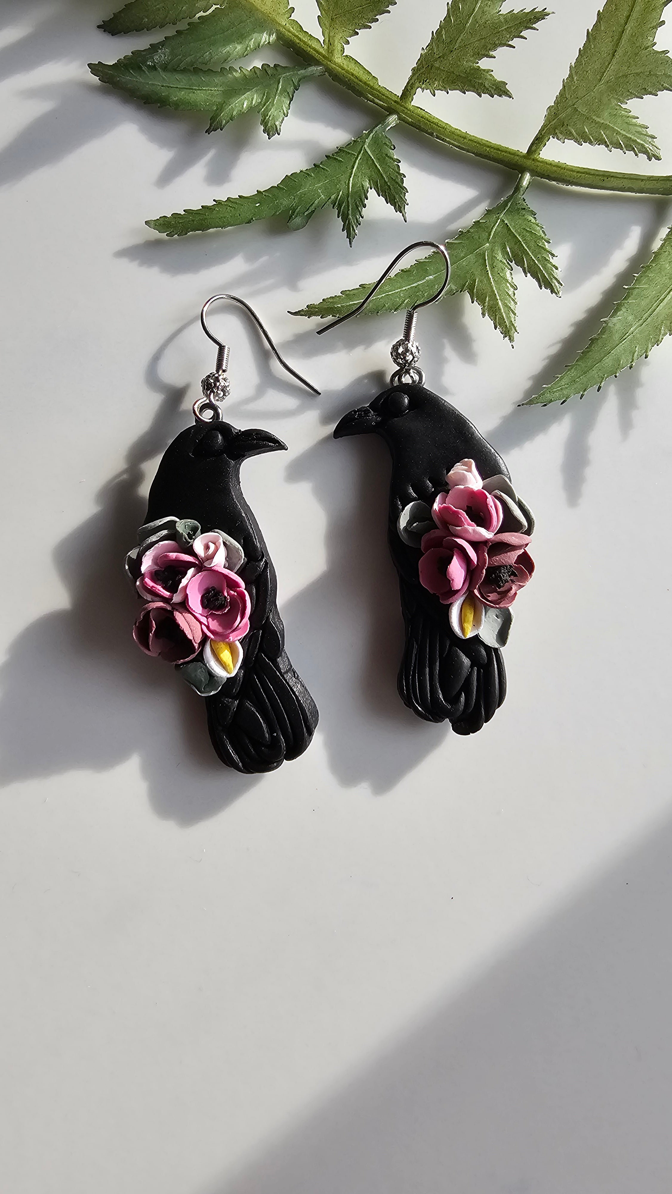 Floral Ravens, Mystical Raven Earrings, Handmade Polymer Clay Jewelry