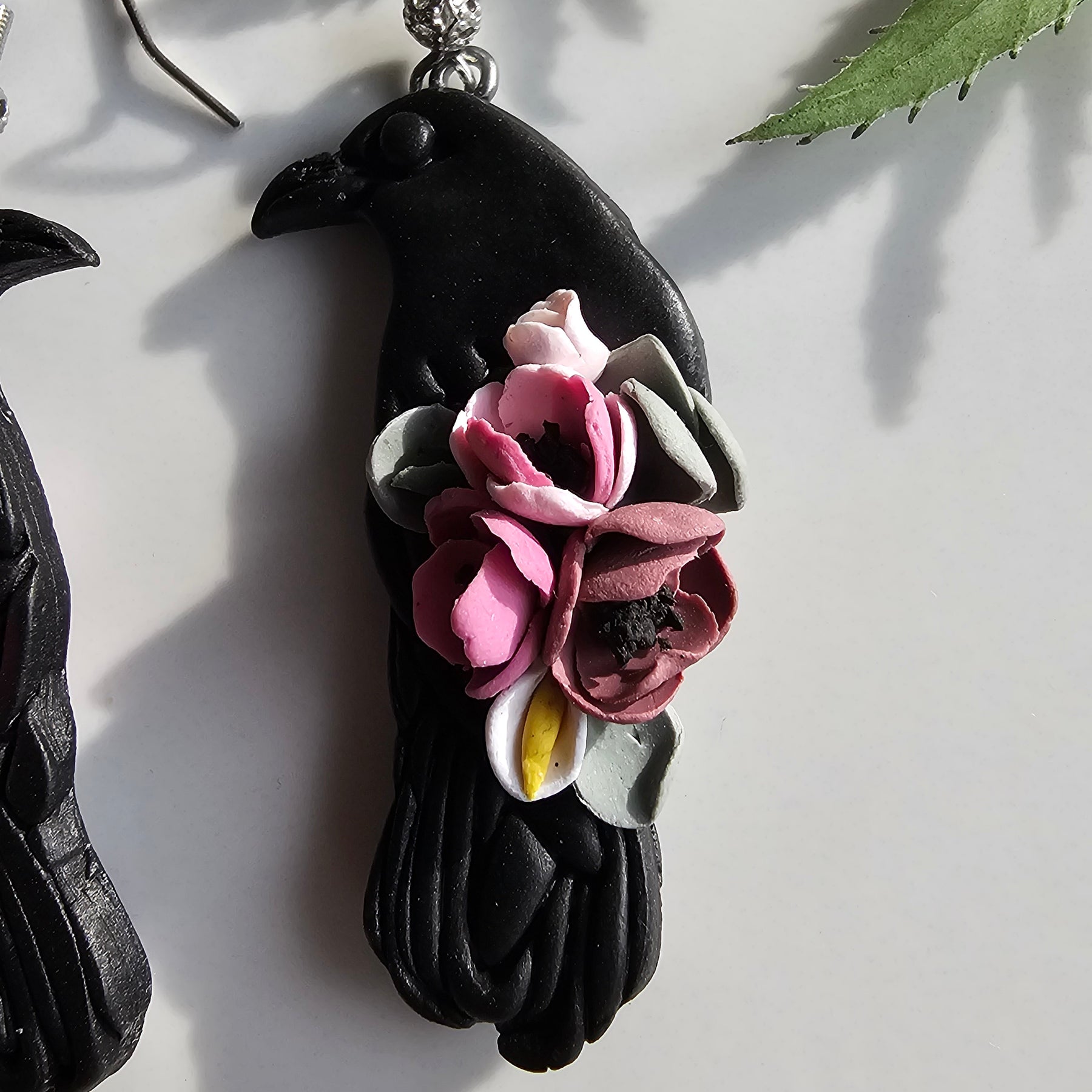 Floral Ravens, Mystical Raven Earrings, Handmade Polymer Clay Jewelry