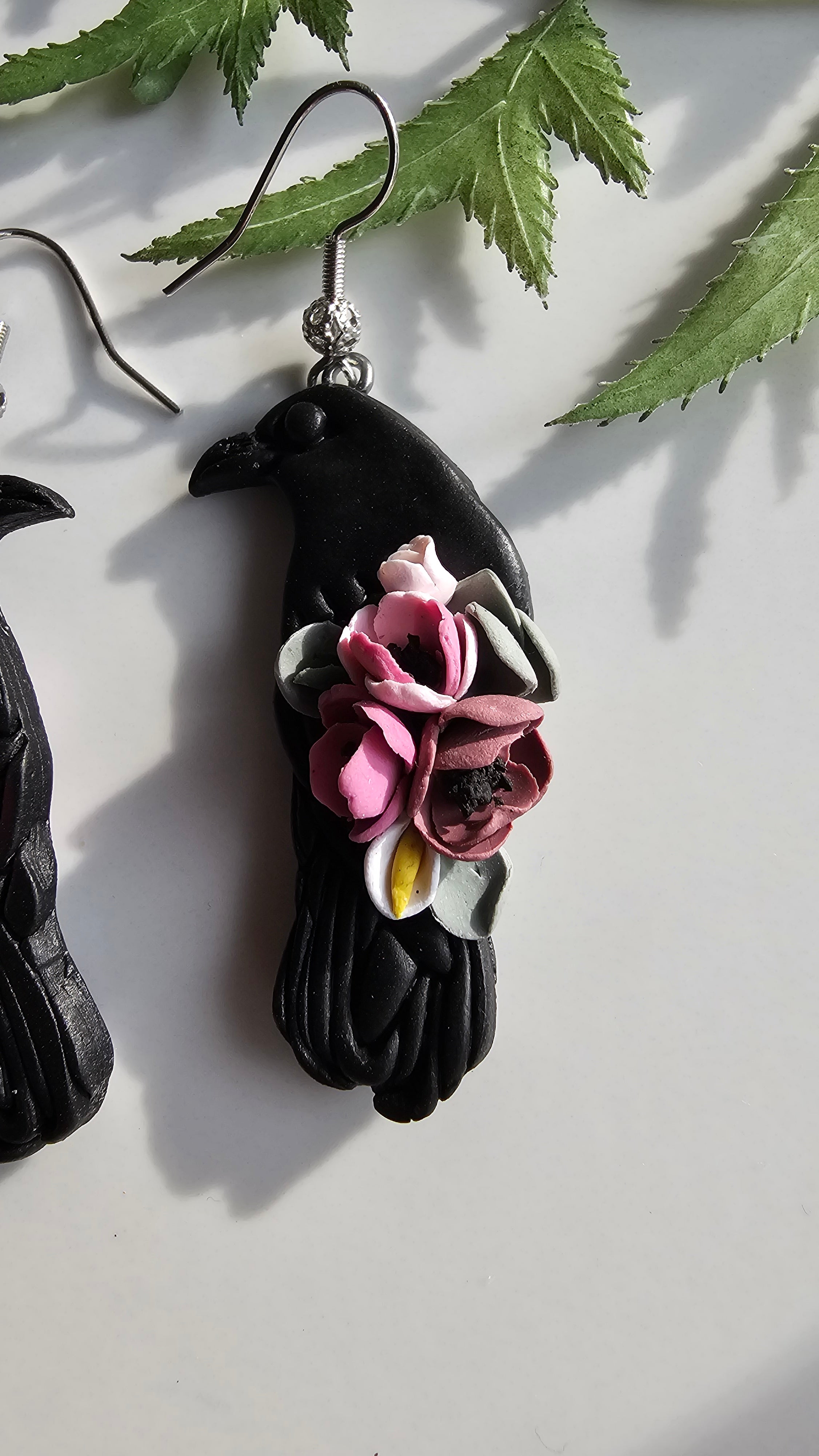 Floral Ravens, Mystical Raven Earrings, Handmade Polymer Clay Jewelry