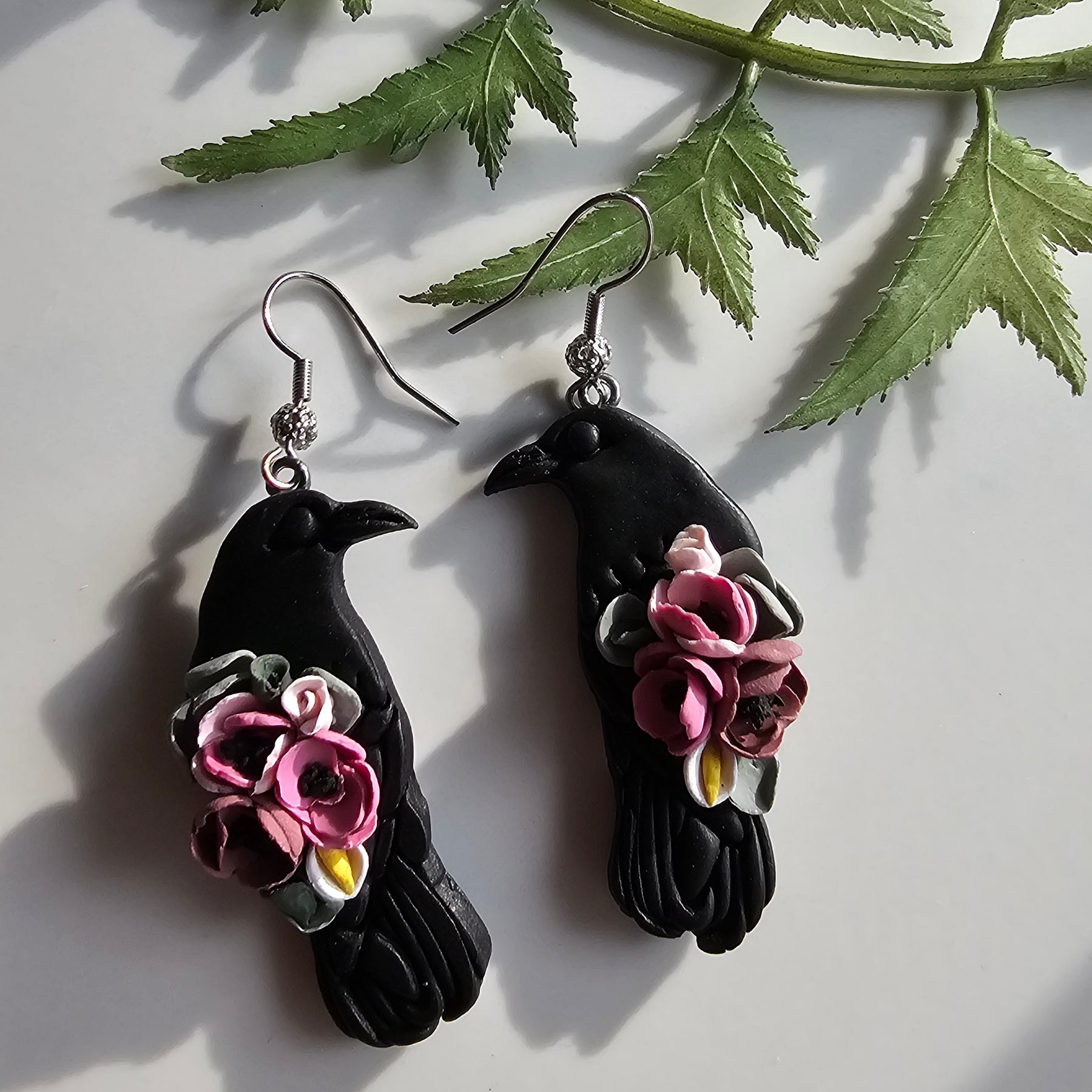 Floral Ravens, Mystical Raven Earrings, Handmade Polymer Clay Jewelry
