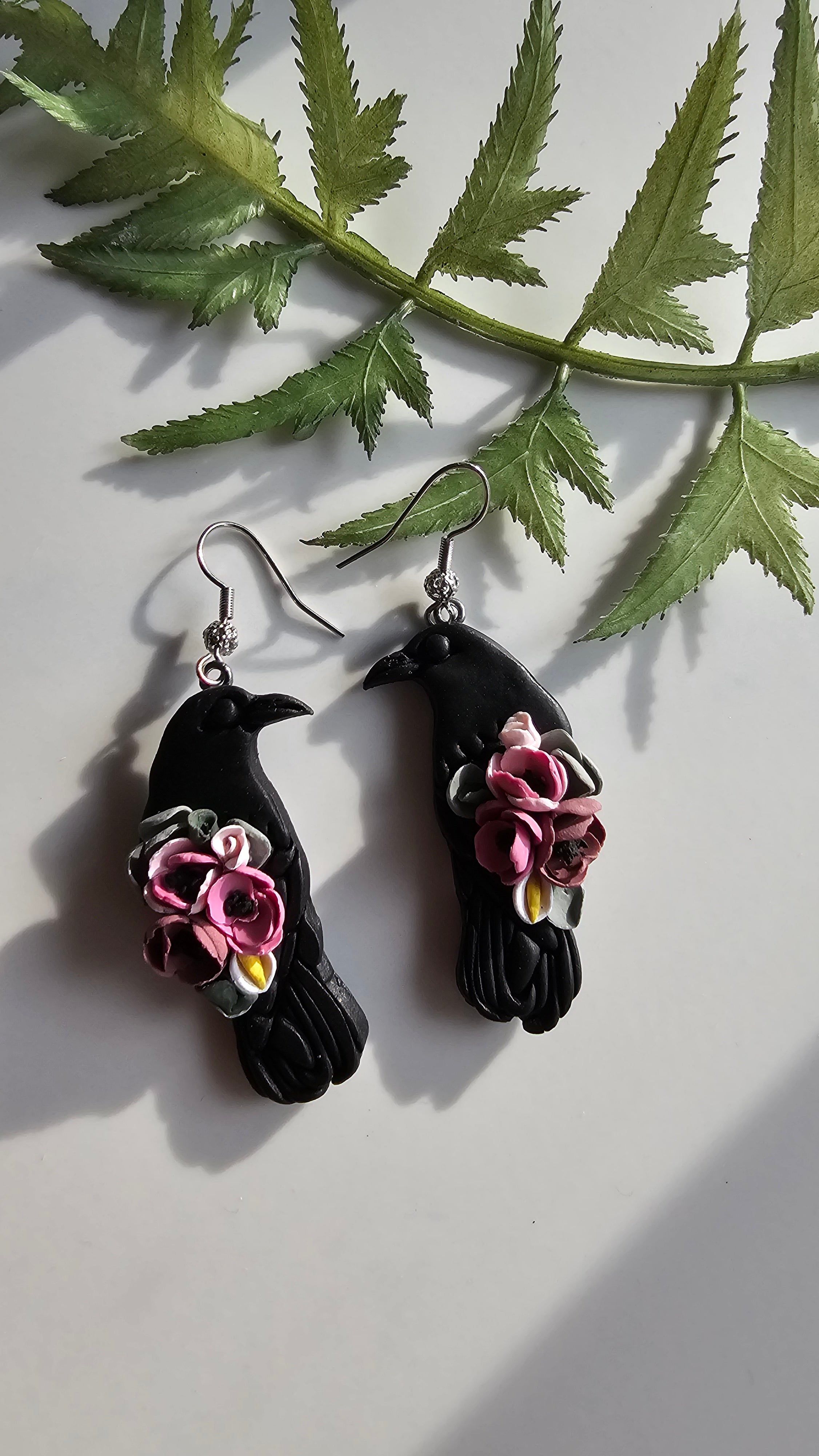 Floral Ravens, Mystical Raven Earrings, Handmade Polymer Clay Jewelry
