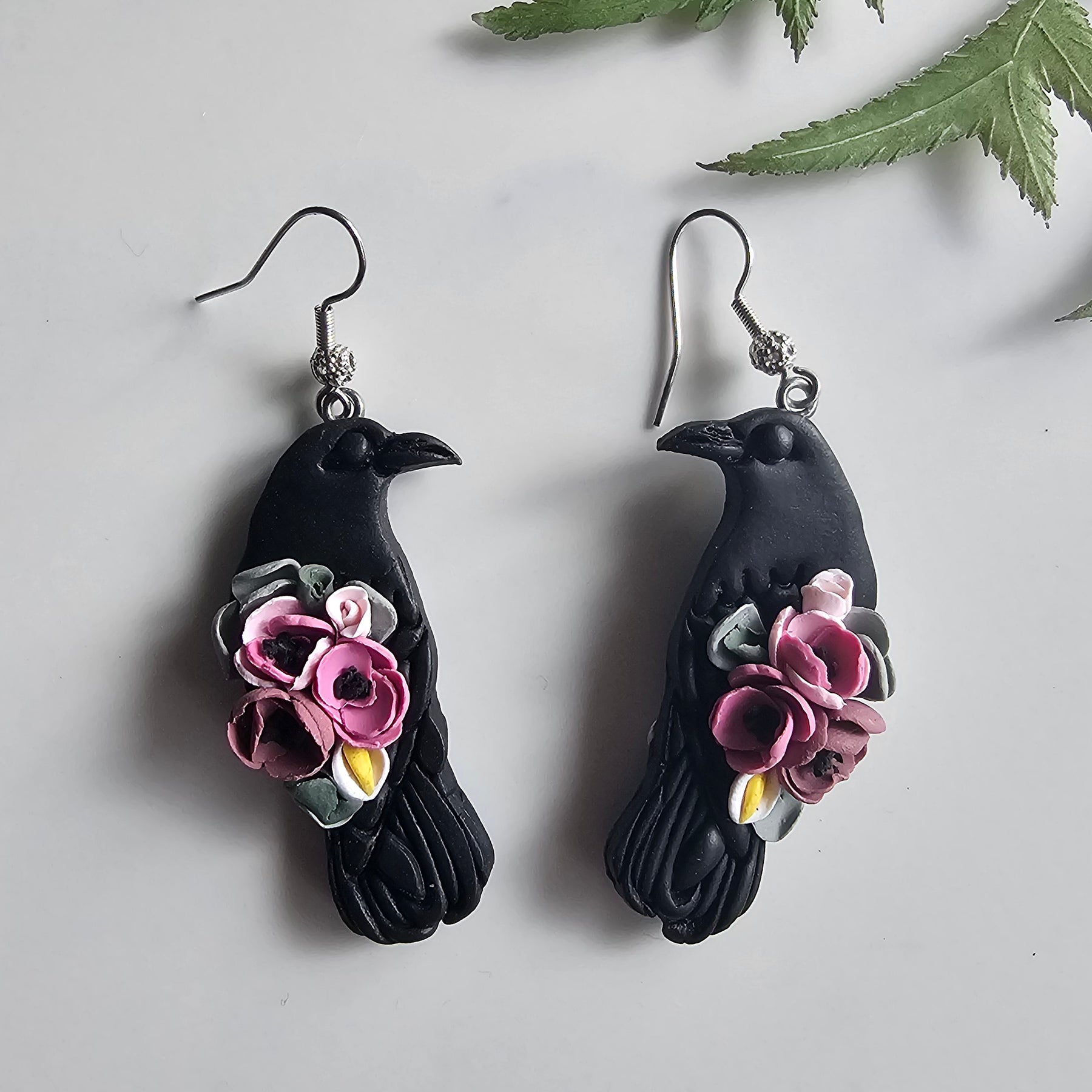 Floral Ravens, Mystical Raven Earrings, Handmade Polymer Clay Jewelry