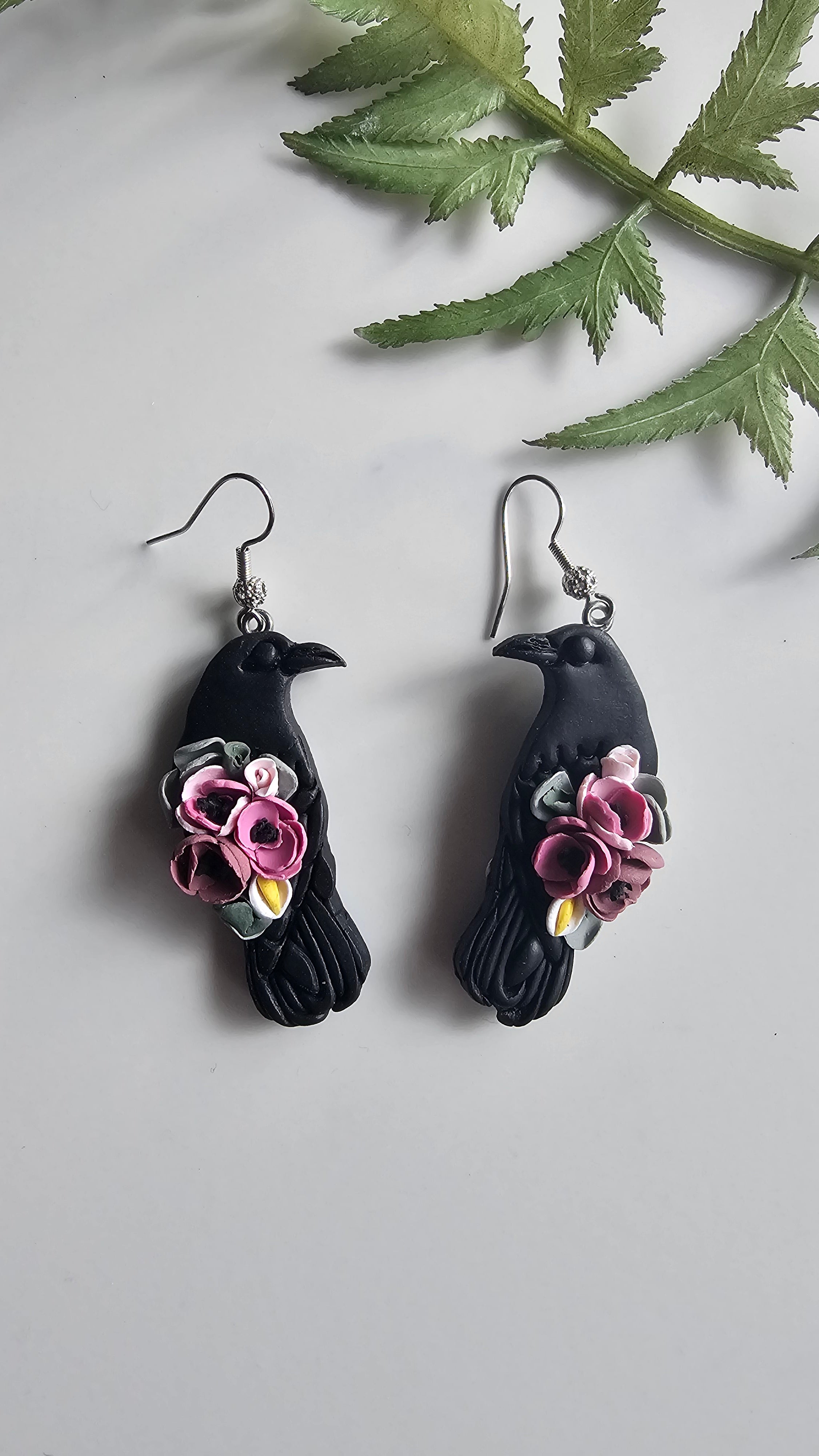 Floral Ravens, Mystical Raven Earrings, Handmade Polymer Clay Jewelry