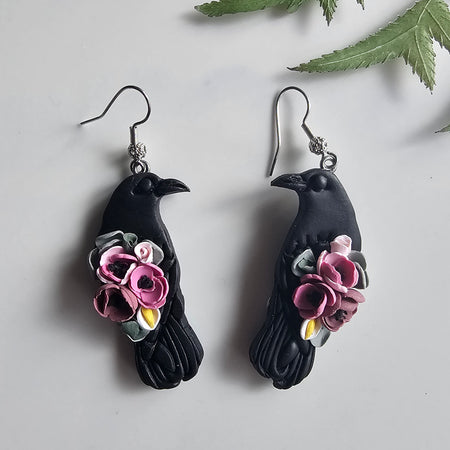 Floral Ravens, Mystical Raven Earrings, Handmade Polymer Clay Jewelry