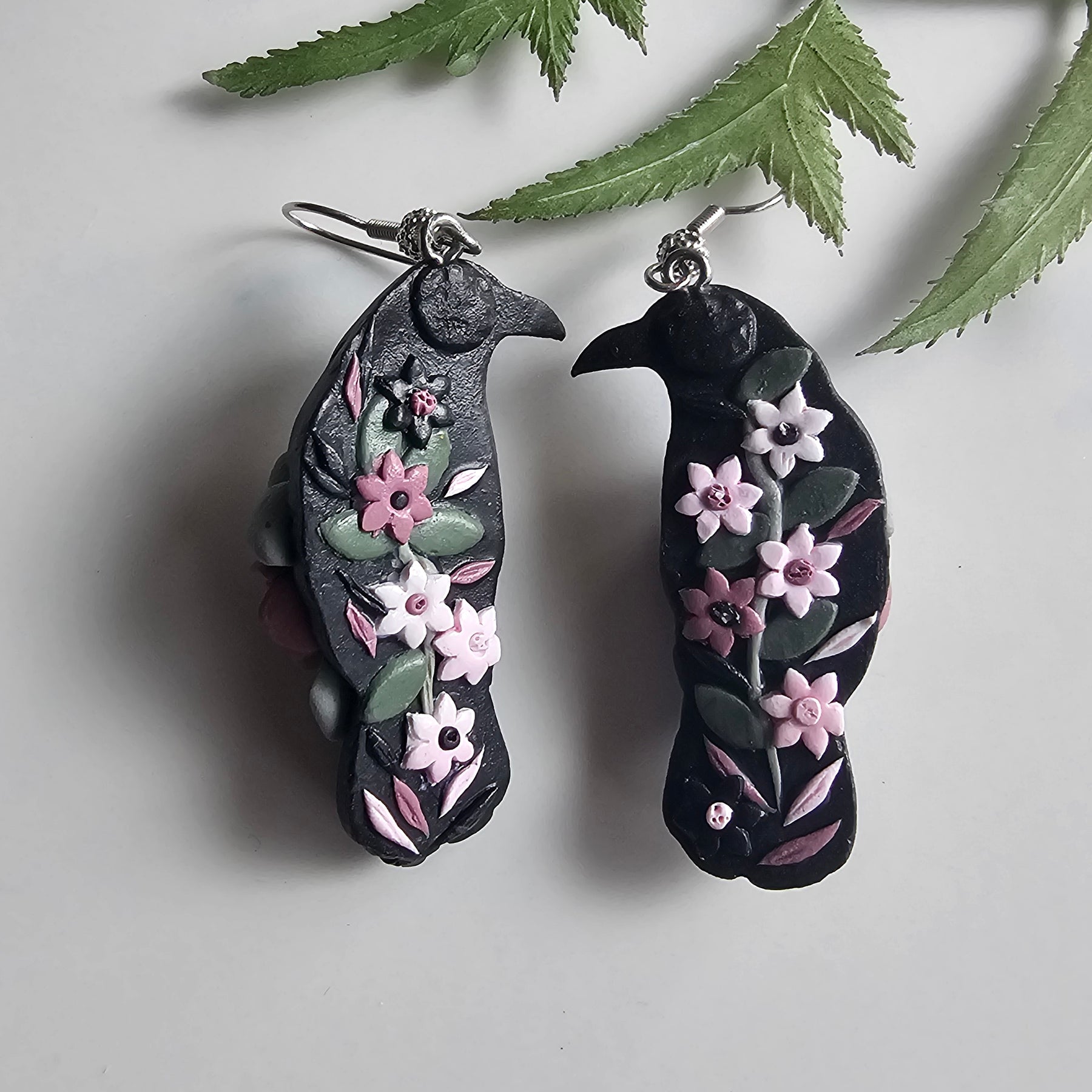 Floral Ravens, Mystical Raven Earrings, Handmade Polymer Clay Jewelry