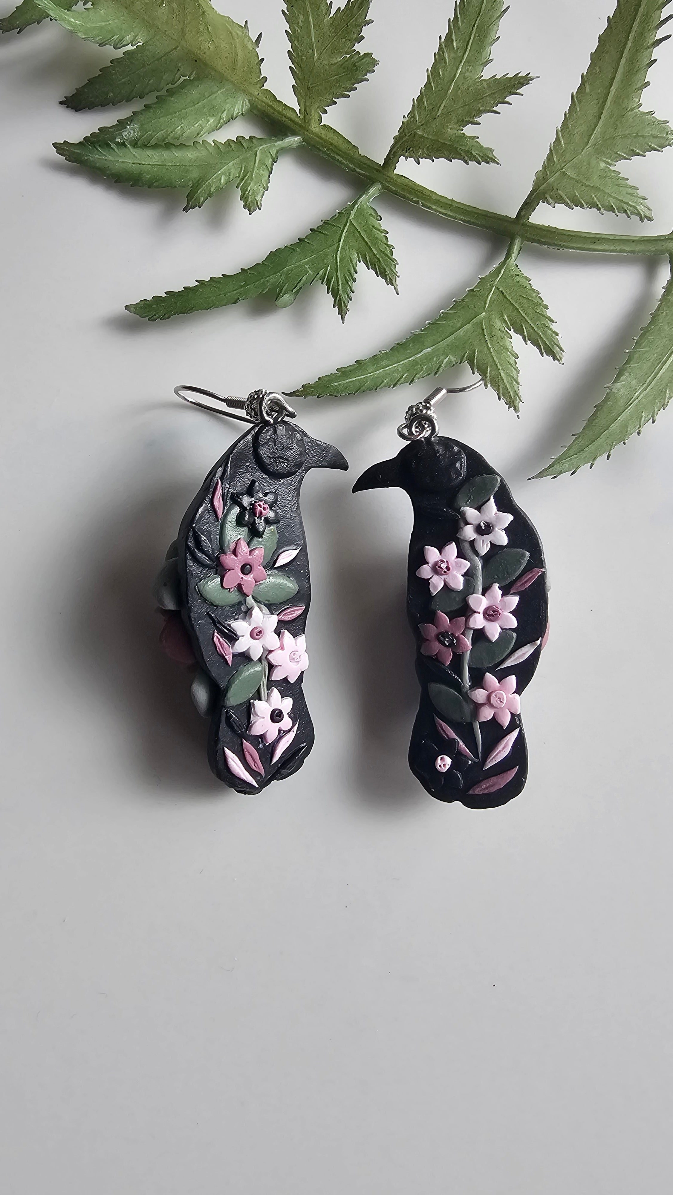 Floral Ravens, Mystical Raven Earrings, Handmade Polymer Clay Jewelry