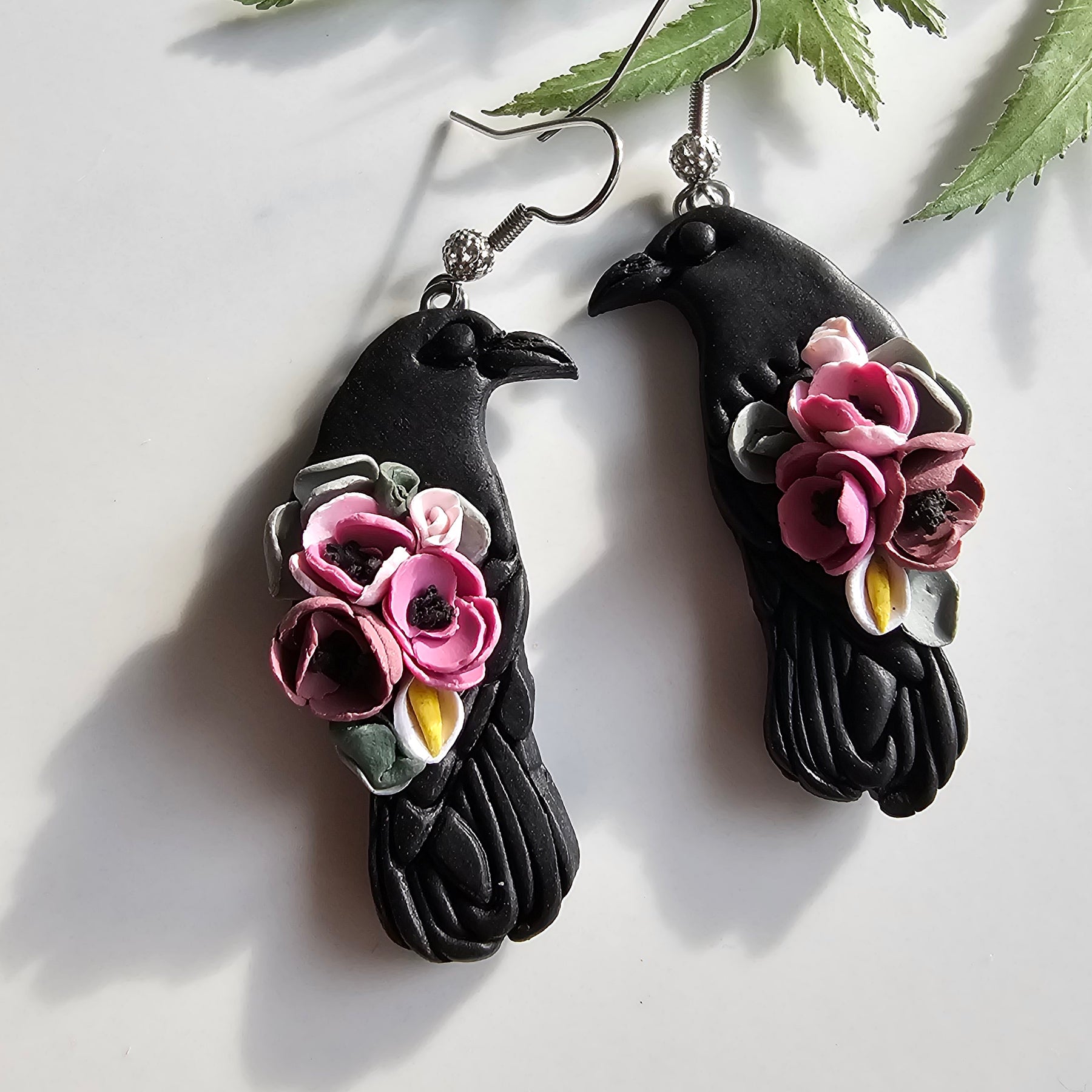 Floral Ravens, Mystical Raven Earrings, Handmade Polymer Clay Jewelry